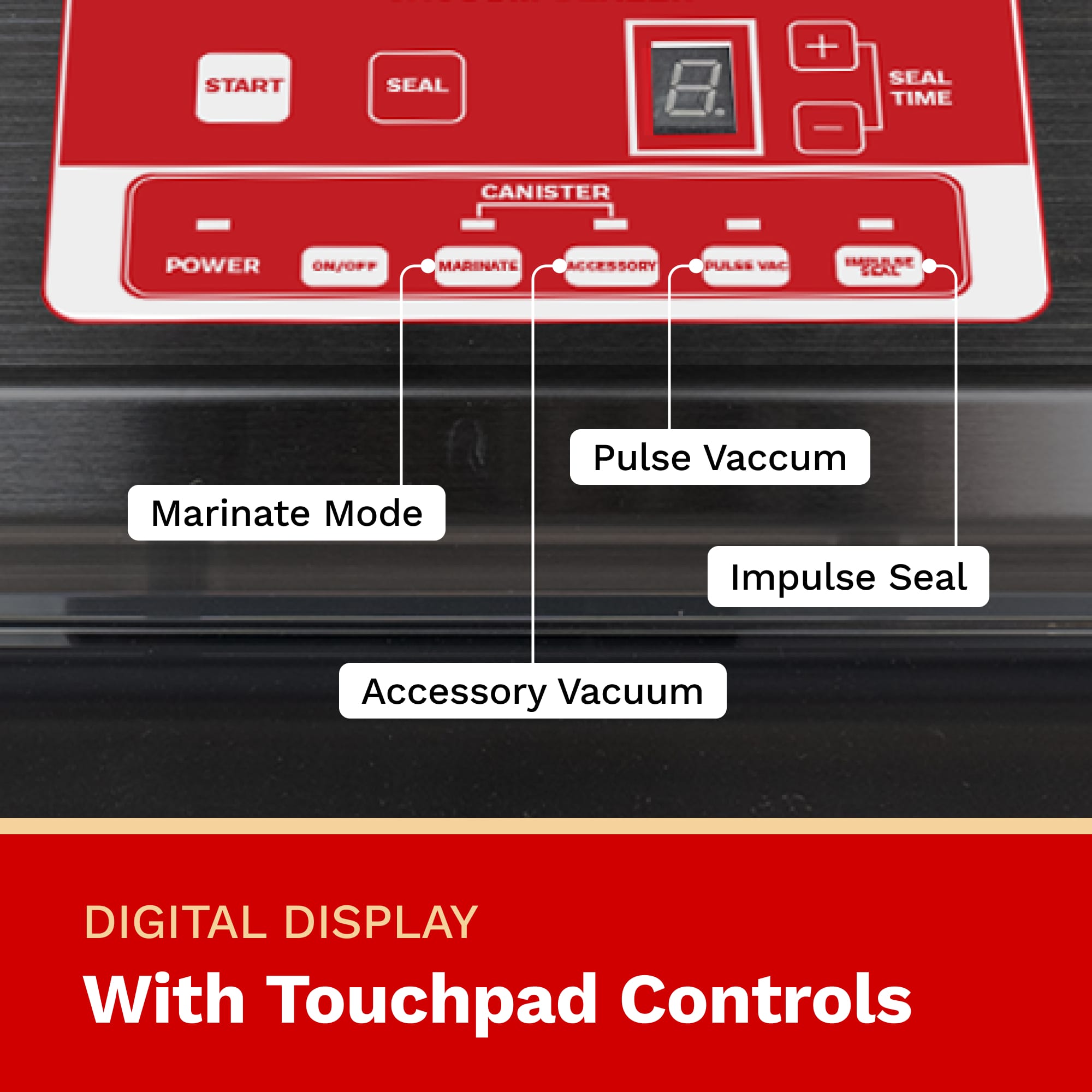 Control panel of a vacuum sealer with labeled buttons and digital display.
