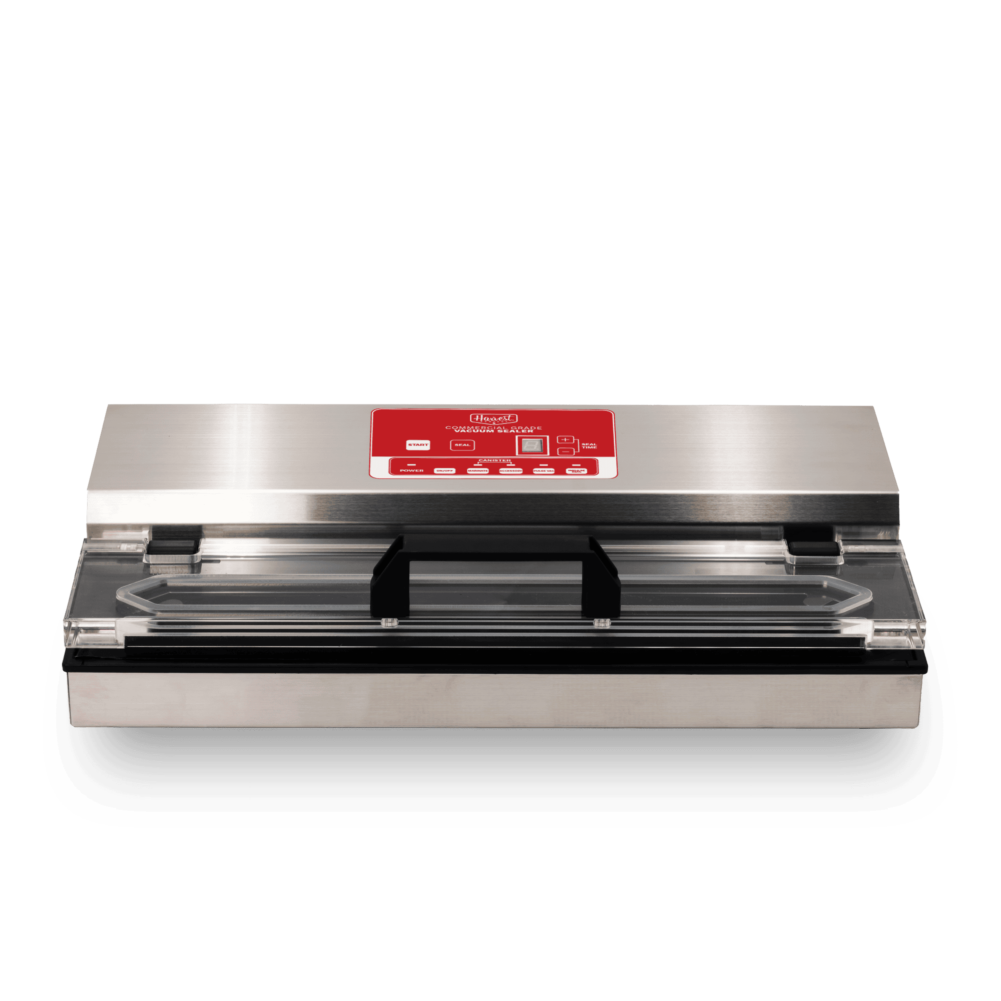Vacuum sealer with a red label on a transparent background