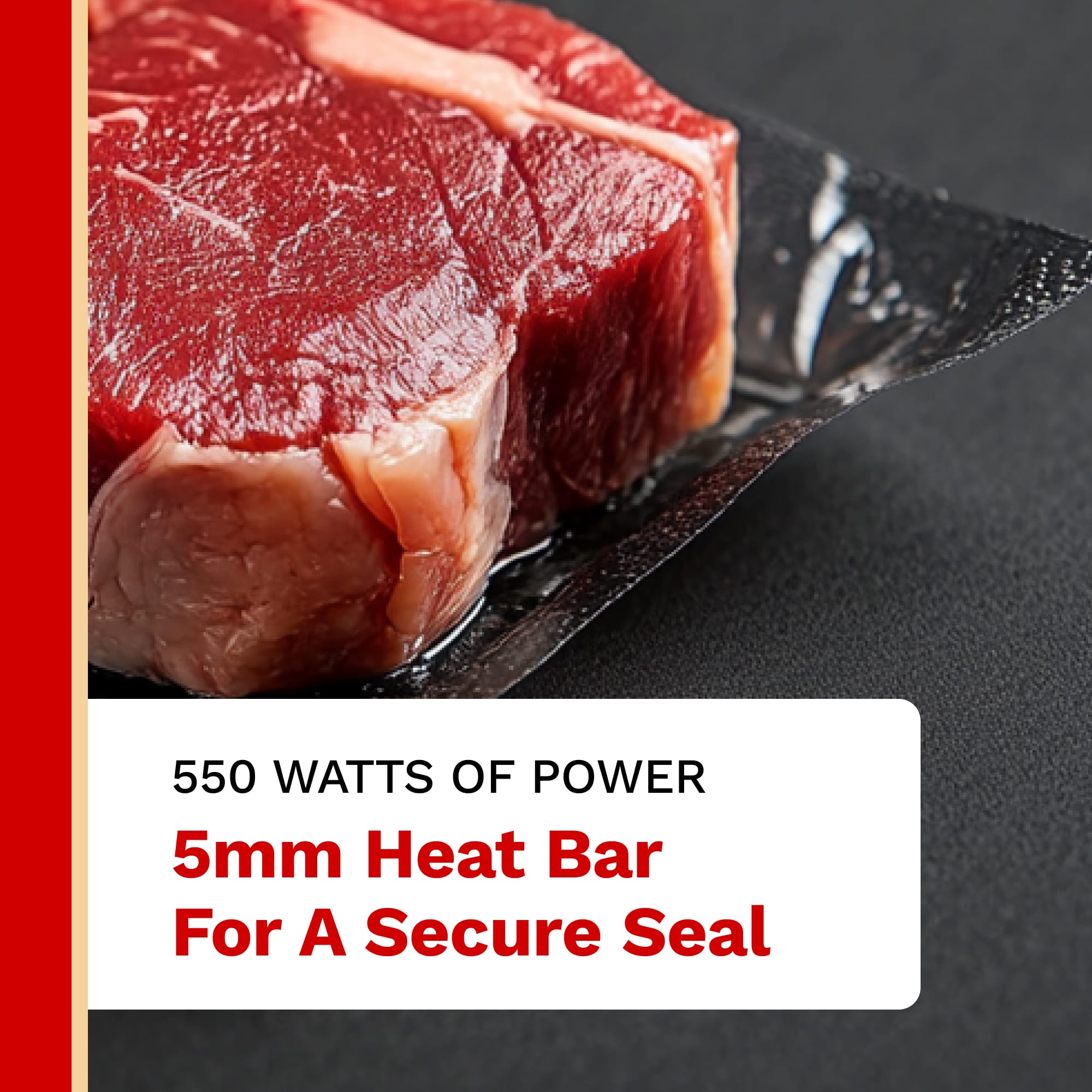 Close-up of a sealed package with a red border and text about power and heat bar.