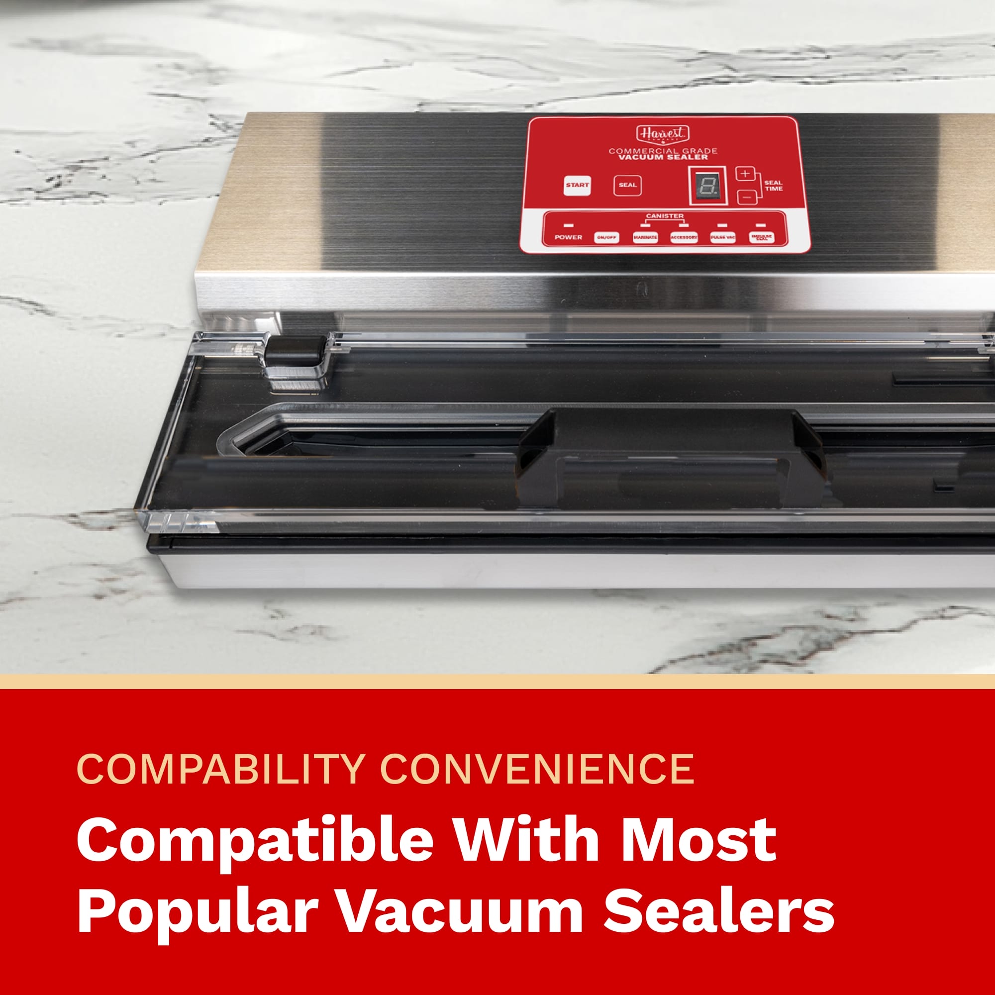 Vacuum sealer on a marble surface with text about compatibility.