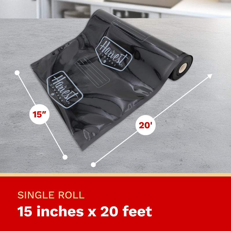 Black roll of plastic sheeting with dimensions on a gray surface, branded 'Harvest'.