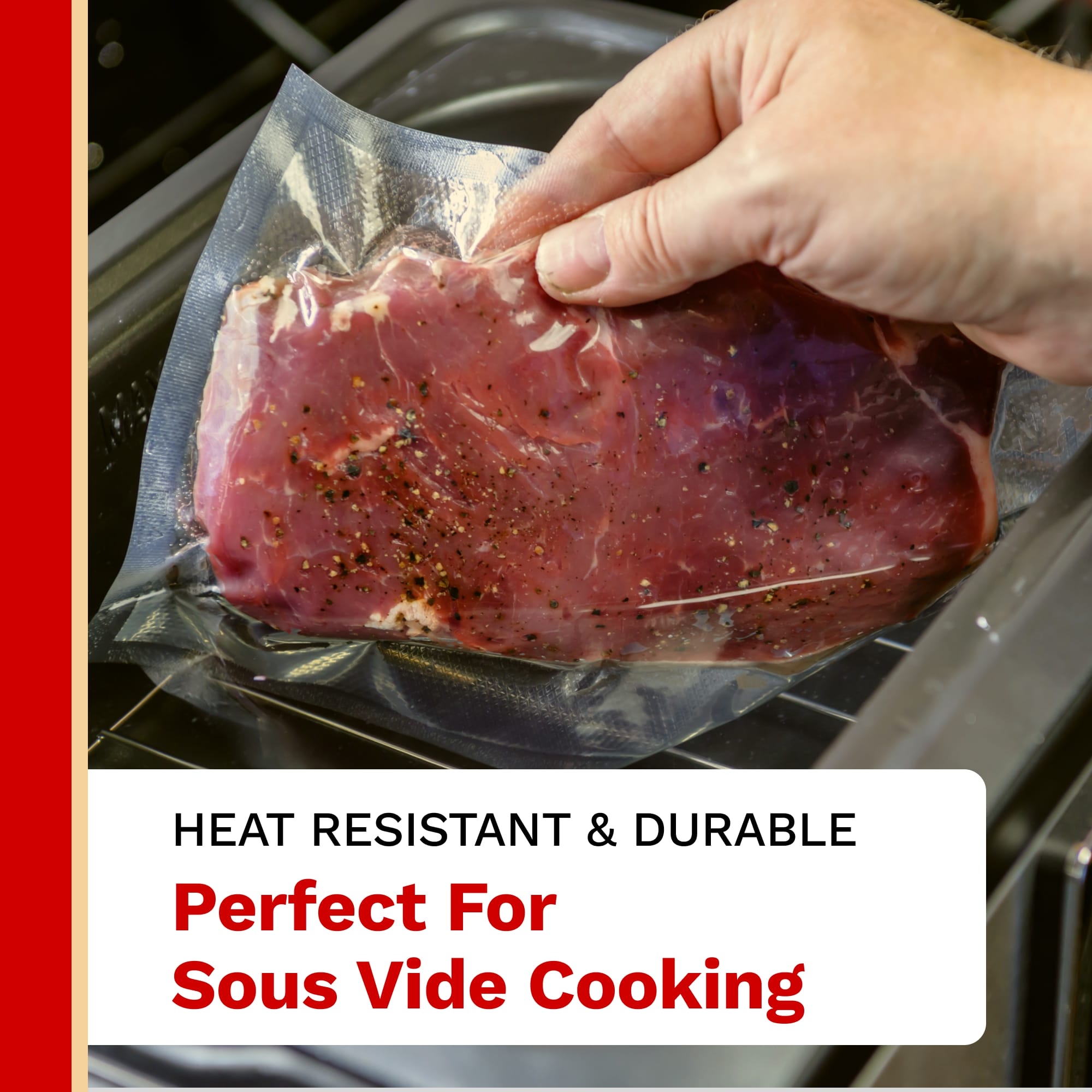 Vacuum-sealed meat package being held over a stove with text about heat resistance and durability for sous vide cooking.
