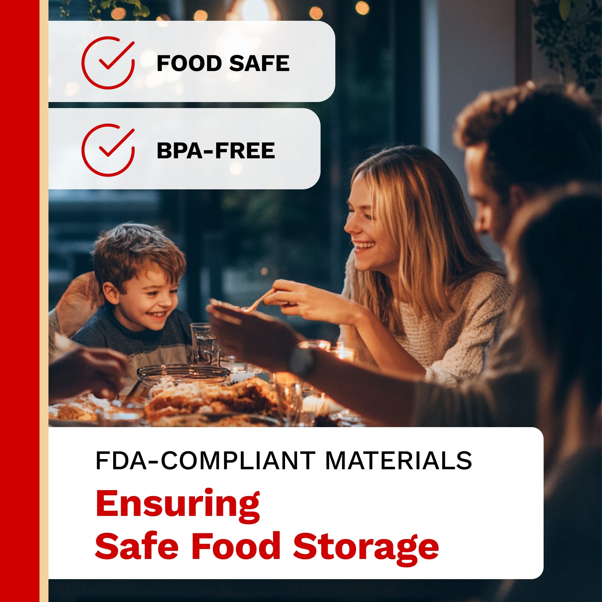 Family at a dinner table with text about food safety and BPA-free materials.