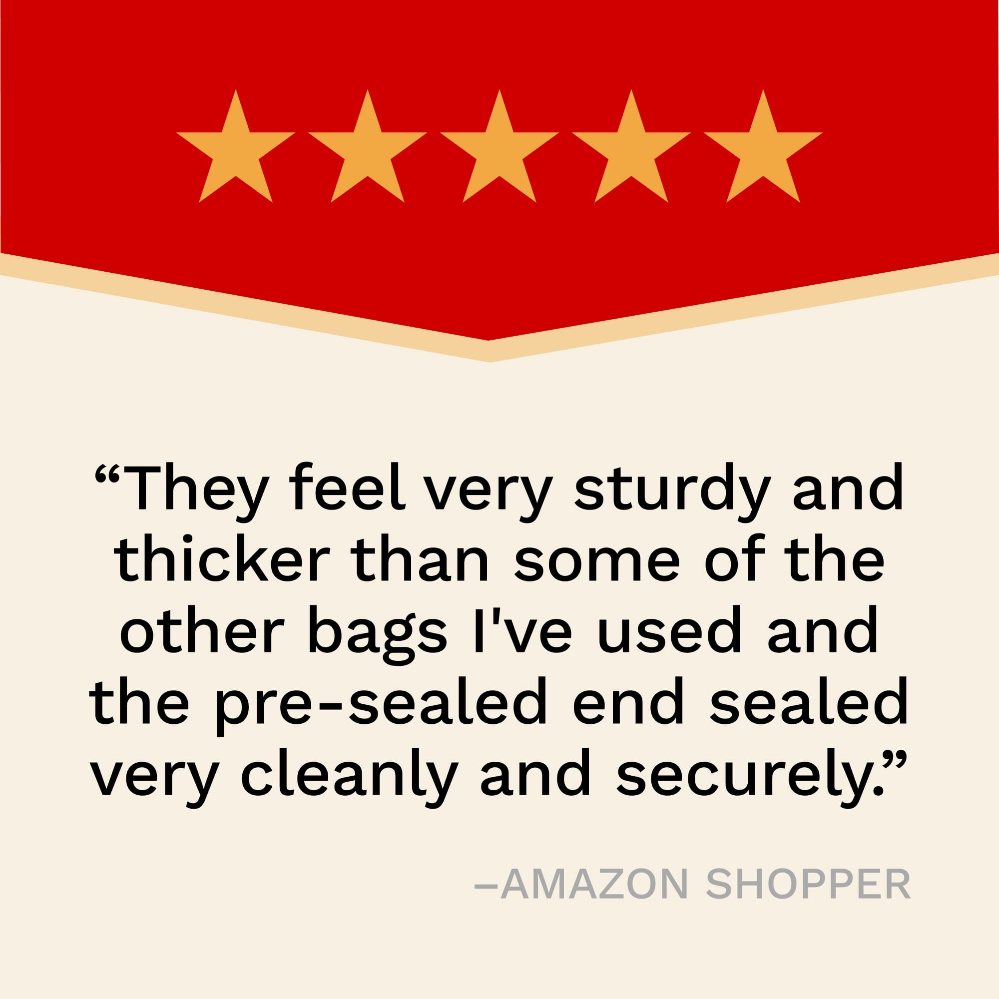 Five-star rating with a quote from an Amazon shopper about product durability and sealing.