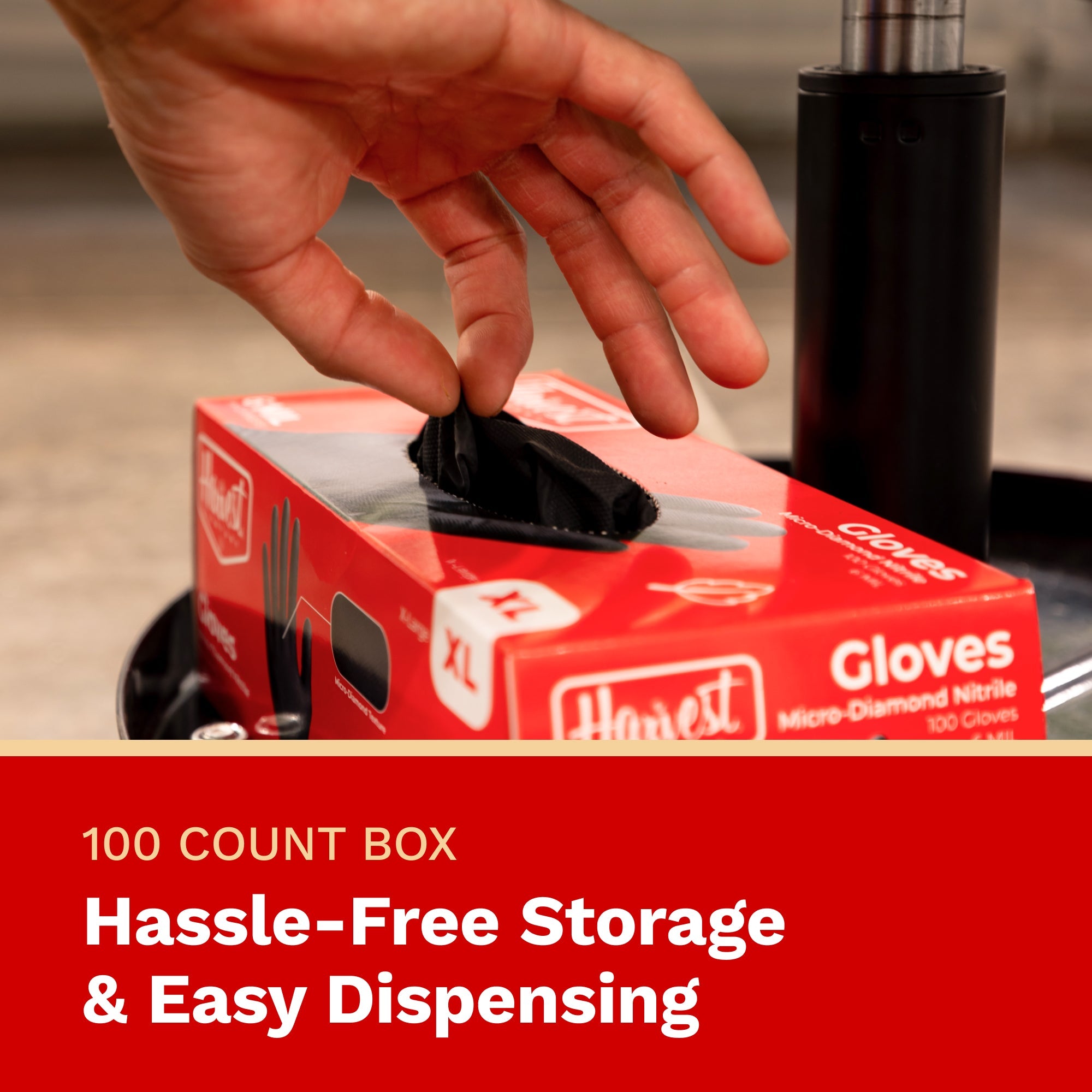 Hand reaching into a box of gloves with text highlighting storage and dispensing features.