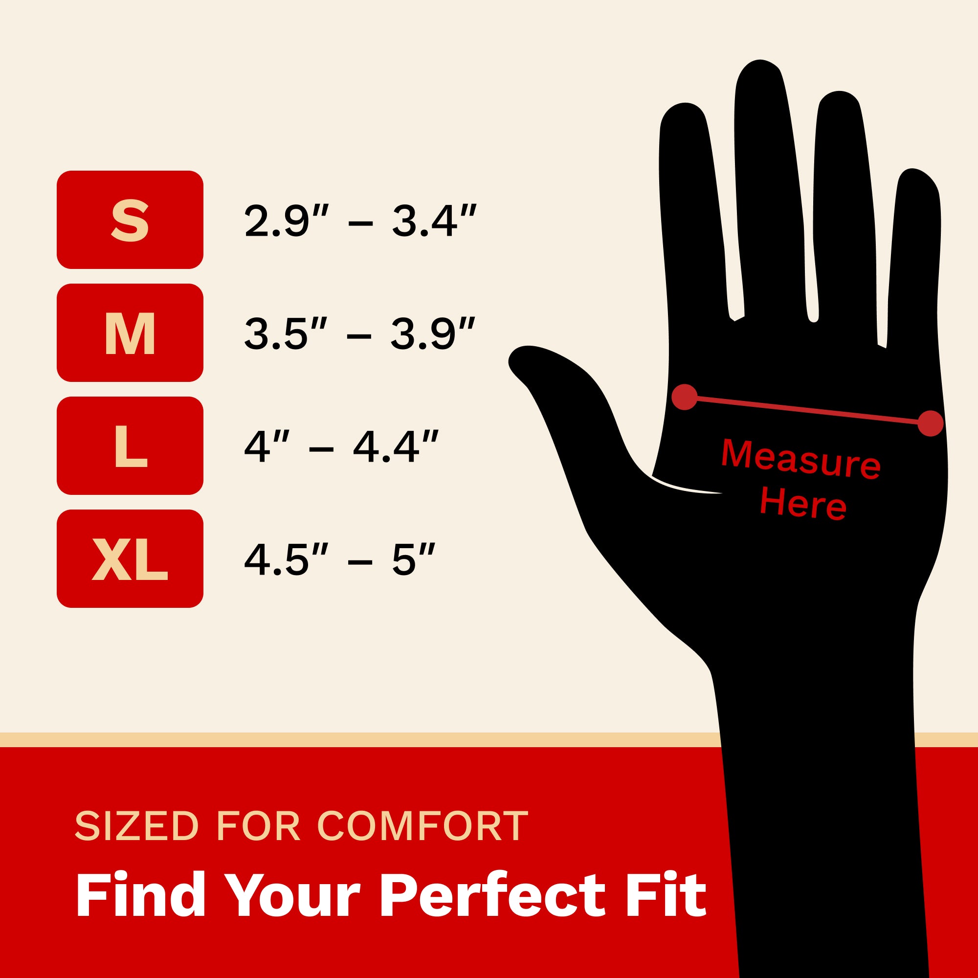 Hand size measurement chart with hand silhouette and measurement guide on a beige and red background