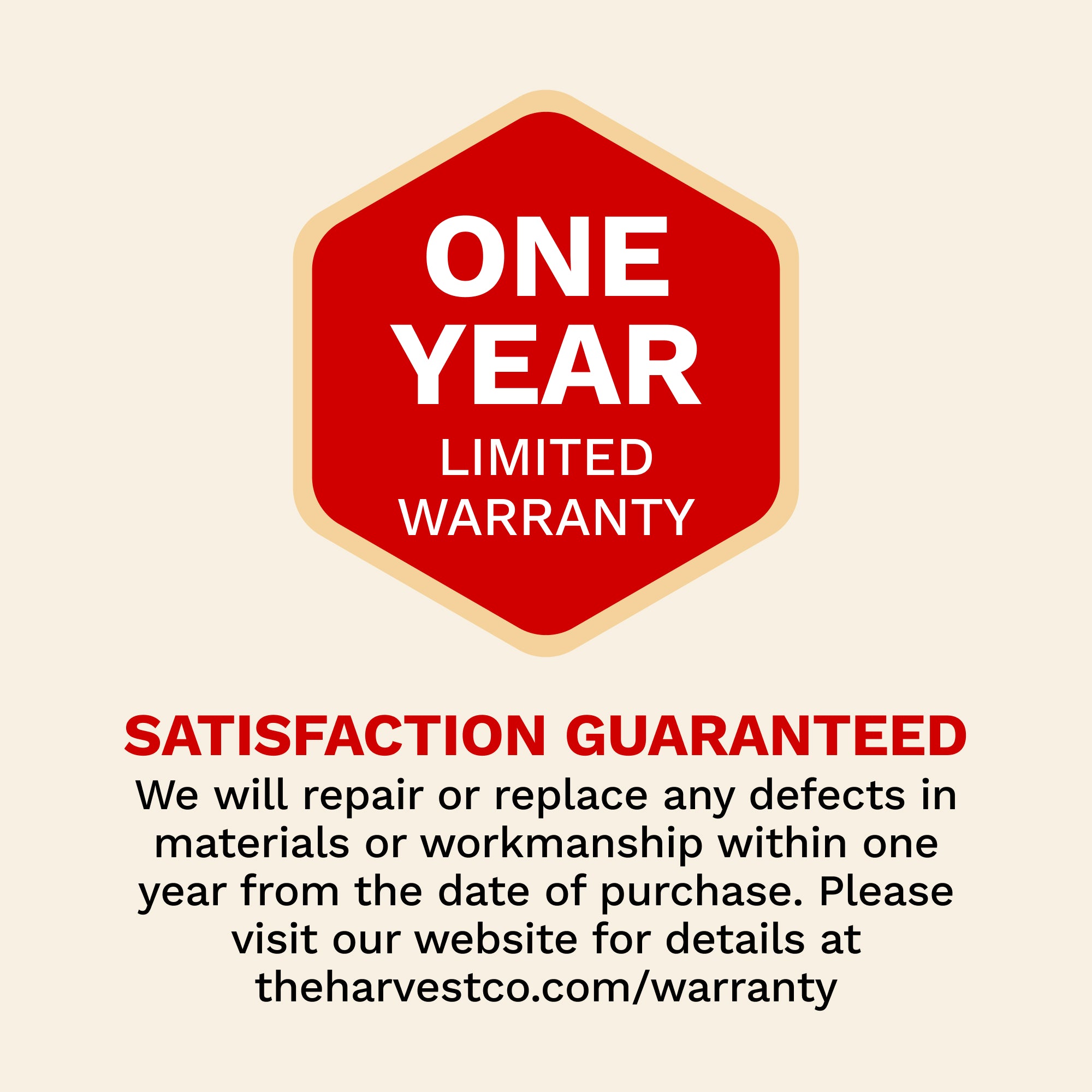One Year Limited Warranty label with text on a beige background