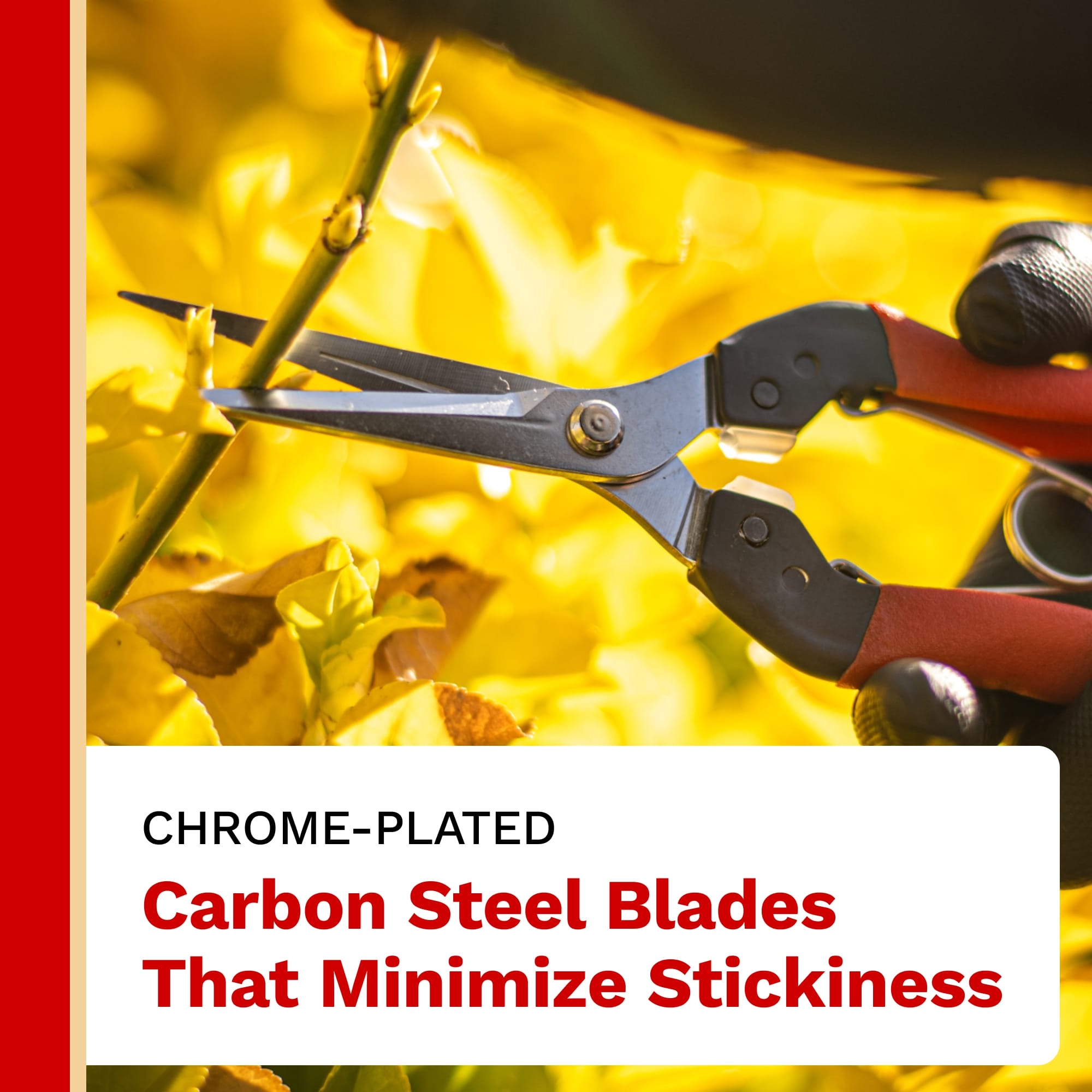 Pruning shears with red handles on a yellow floral background, emphasizing chrome-plated carbon steel blades.