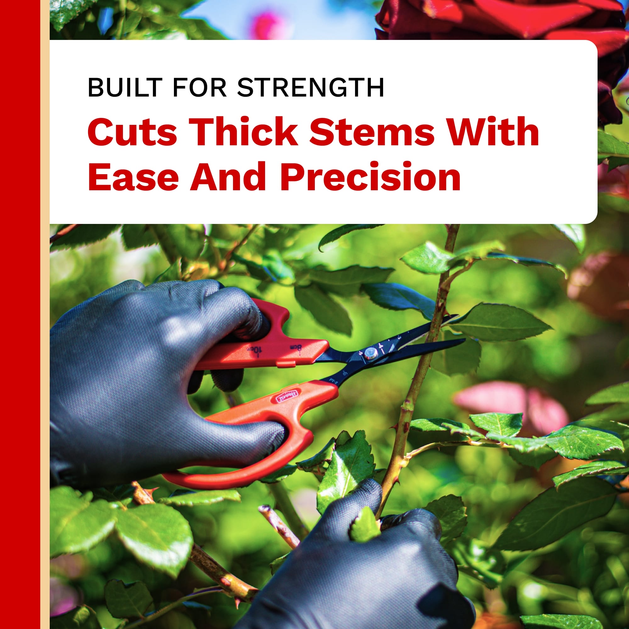 Gloved hands using garden shears to trim a branch with text 'Built for strength, cuts thick stems with ease and precision' on a red border.