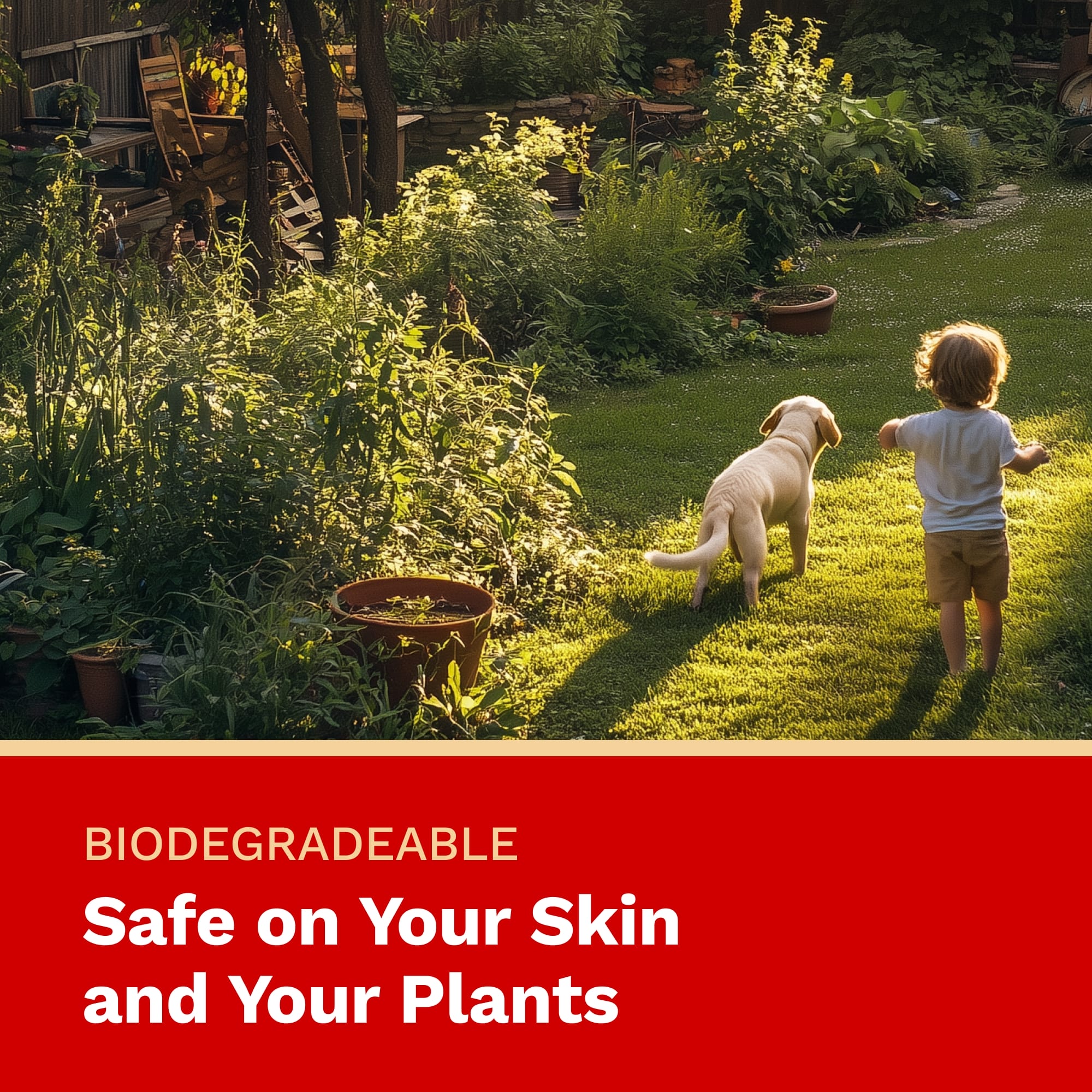 Child and dog in a garden with a red banner at the bottom.