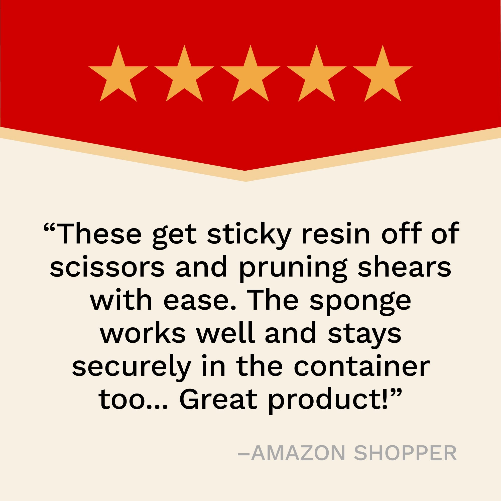 Five-star rating with a positive review text on a red and white background