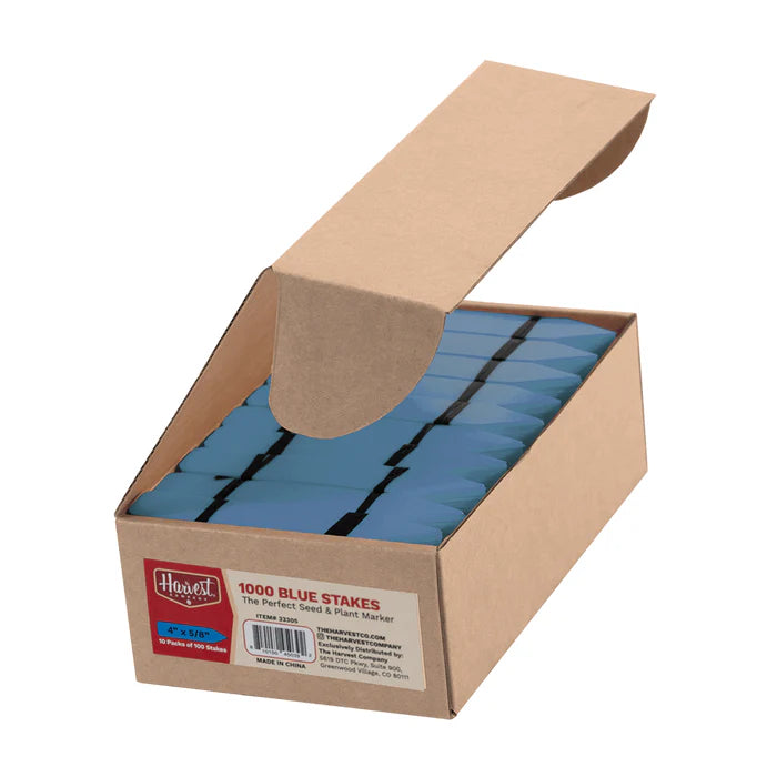Box of blue stakes with a visible brand label on a white background