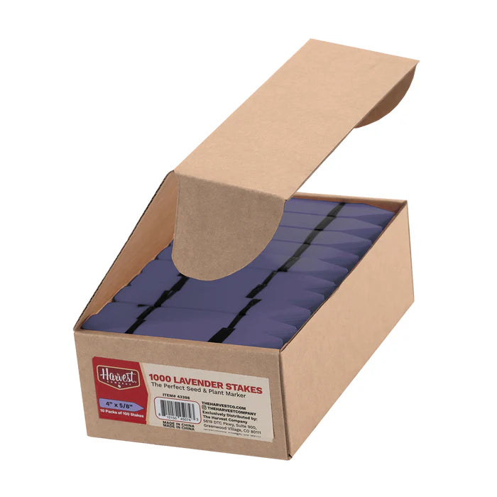 Box of lavender stakes with a visible brand label on a white background