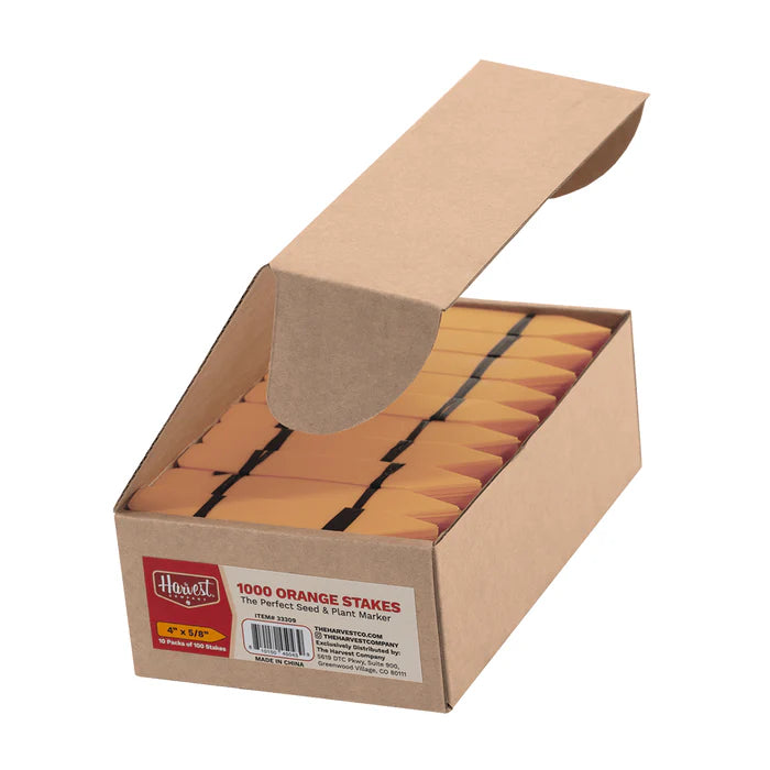 Box of orange stakes with a visible brand label on a white background