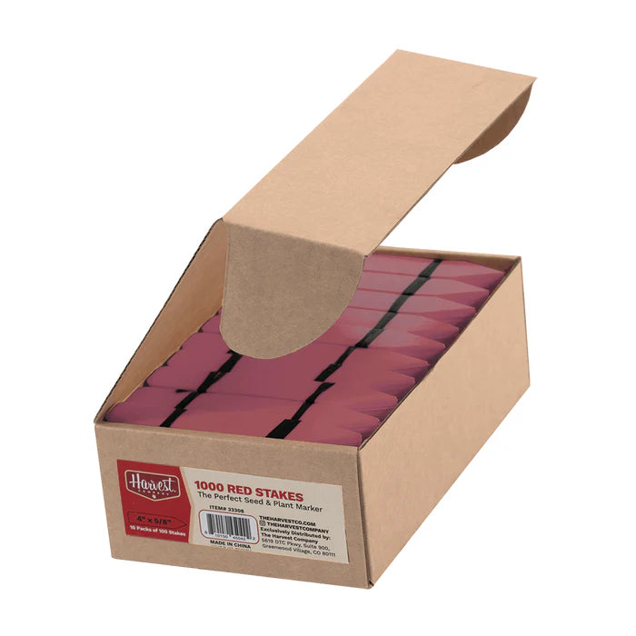Box of red stakes with a visible brand label on a white background