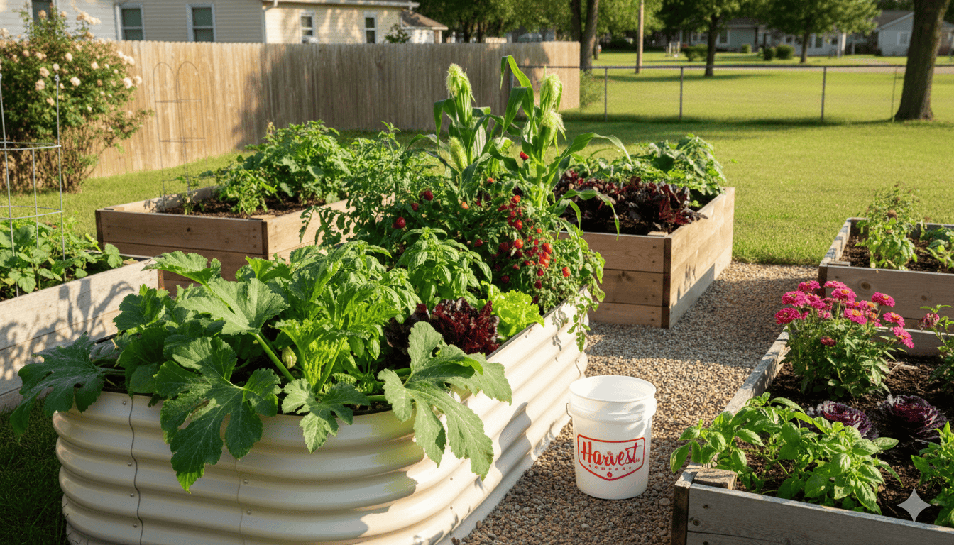Vegetable garden with raised beds and plants in a backyard setting.