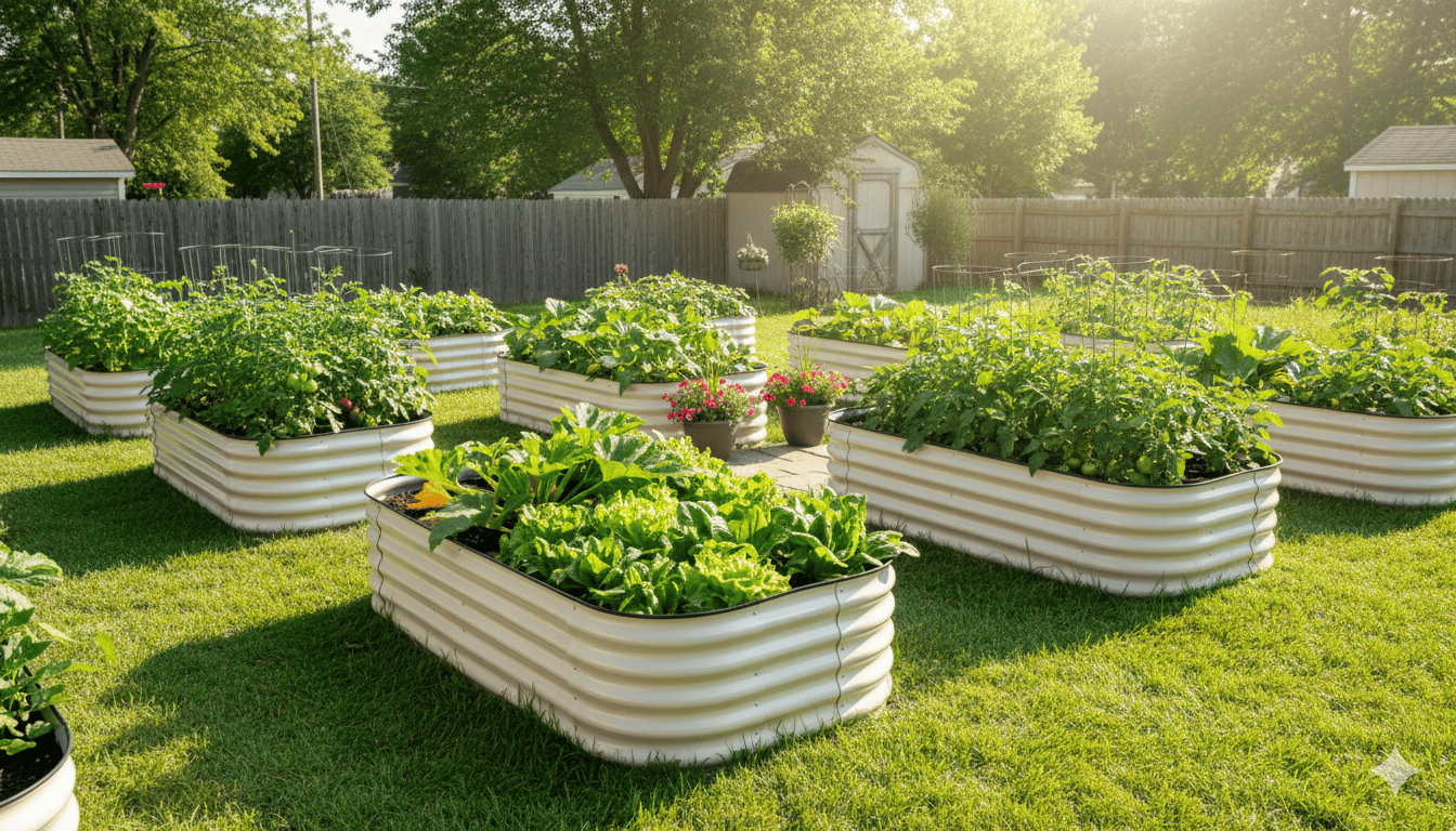 Raised garden beds with green plants in a backyard setting