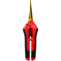 Gardening shears with red and black handle on a white background