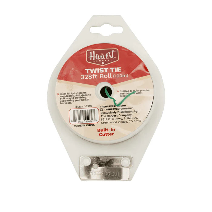 Harvest brand twist tie roll with built-in cutter on a white background