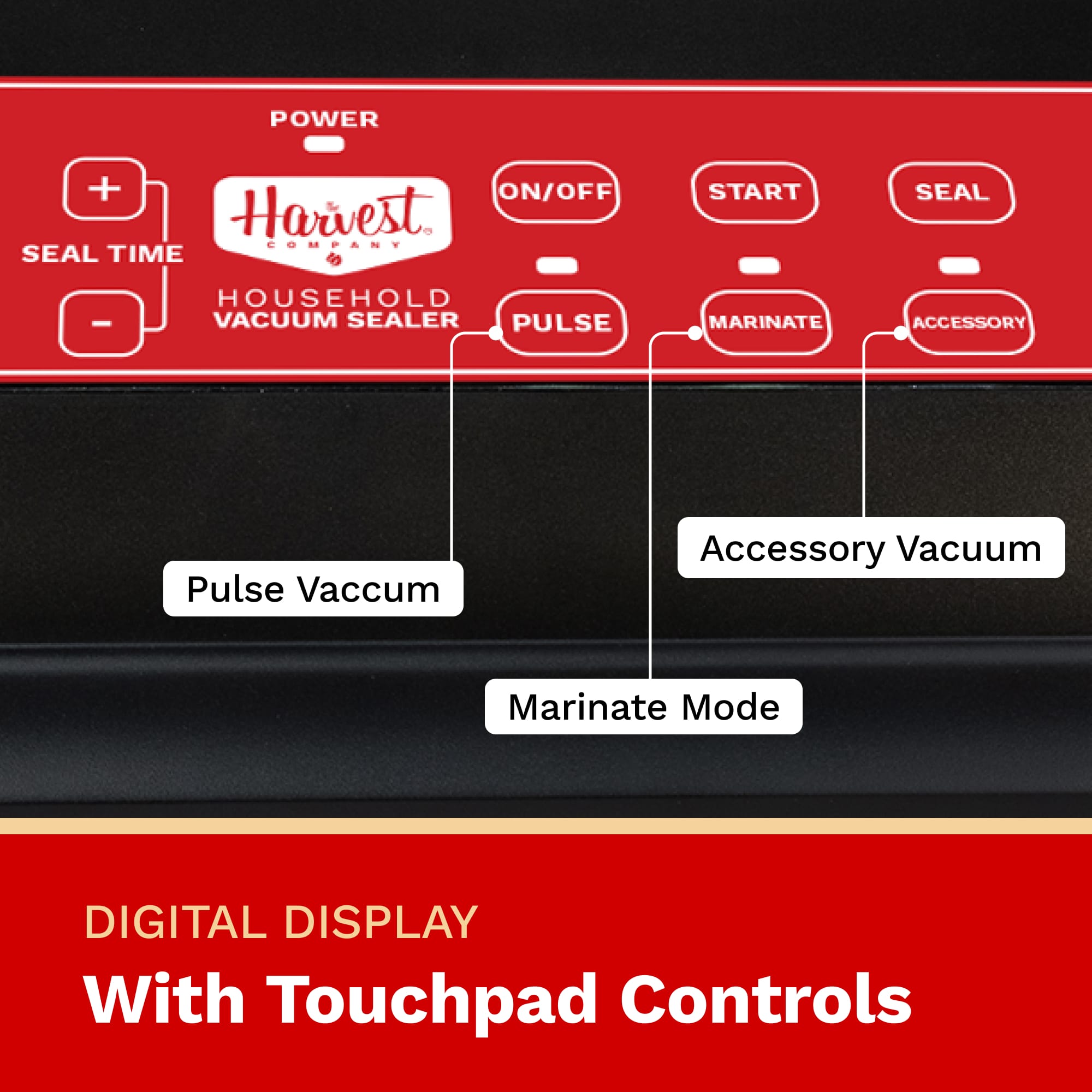 Control panel of a Harvest household vacuum sealer with labeled buttons and digital display.