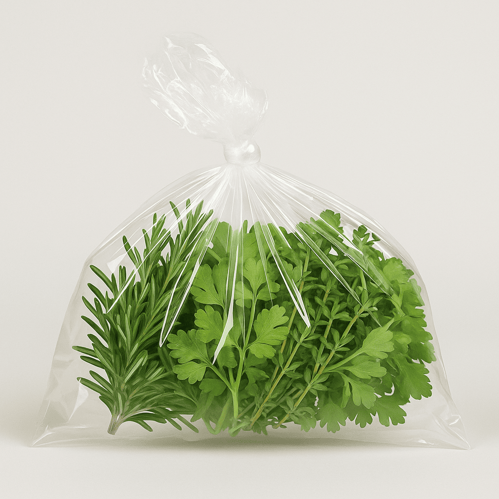 Packaged fresh herbs in a clear plastic bag on a white background