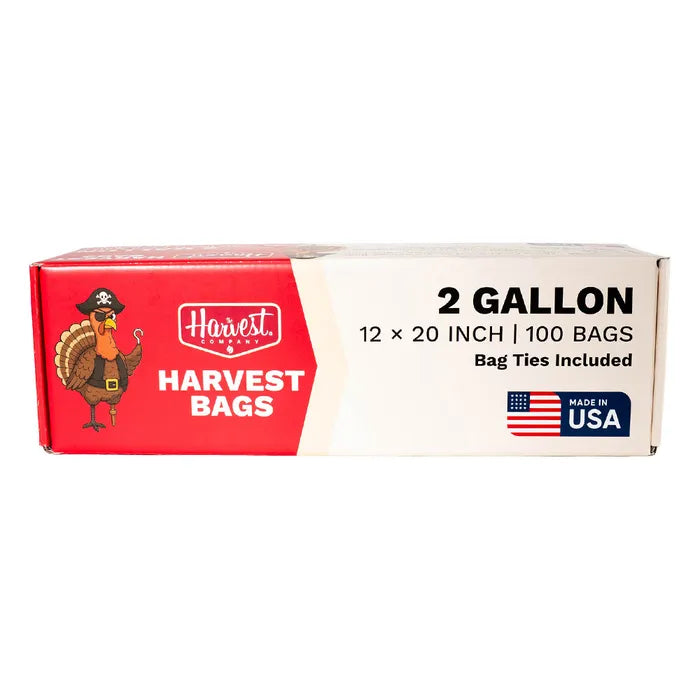 Box of Harvest Bags with red and white design on a white background