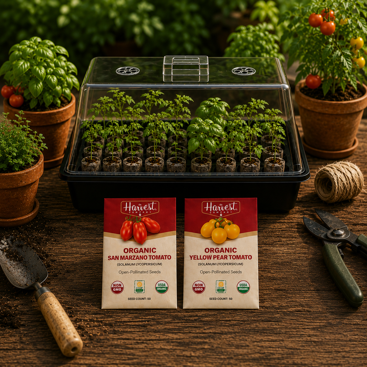 The Harvest Company Tomato Garden Seed Starting Kit | Organic Tomato Seeds with Humidity Dome, Heavy-Duty Tray & Char Coir Coco Coin Insert
