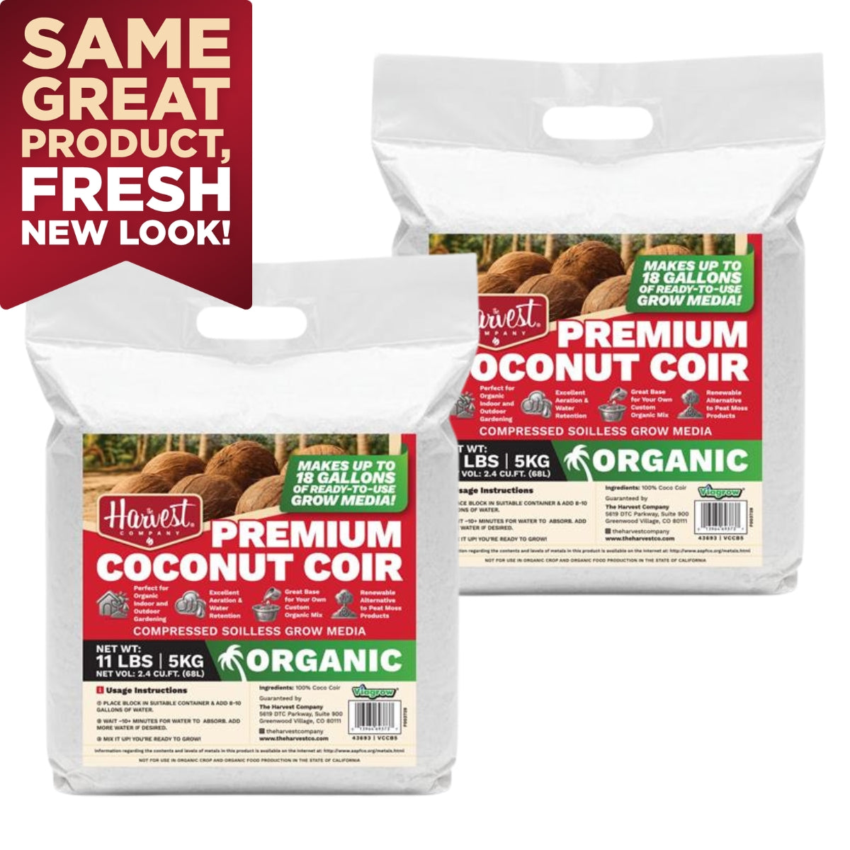 The Harvest Company Viagrow 5 kg (11 lb.) OMRI Organic Compressed Coconut Coir Premium Grow Media (Packs)