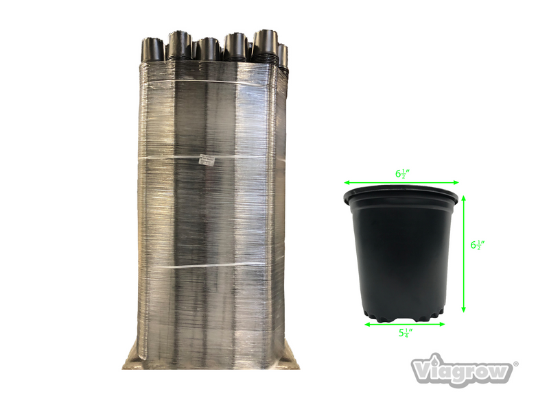 A stack of black plastic nursery pots with visible dimensions, part of a pallet order.