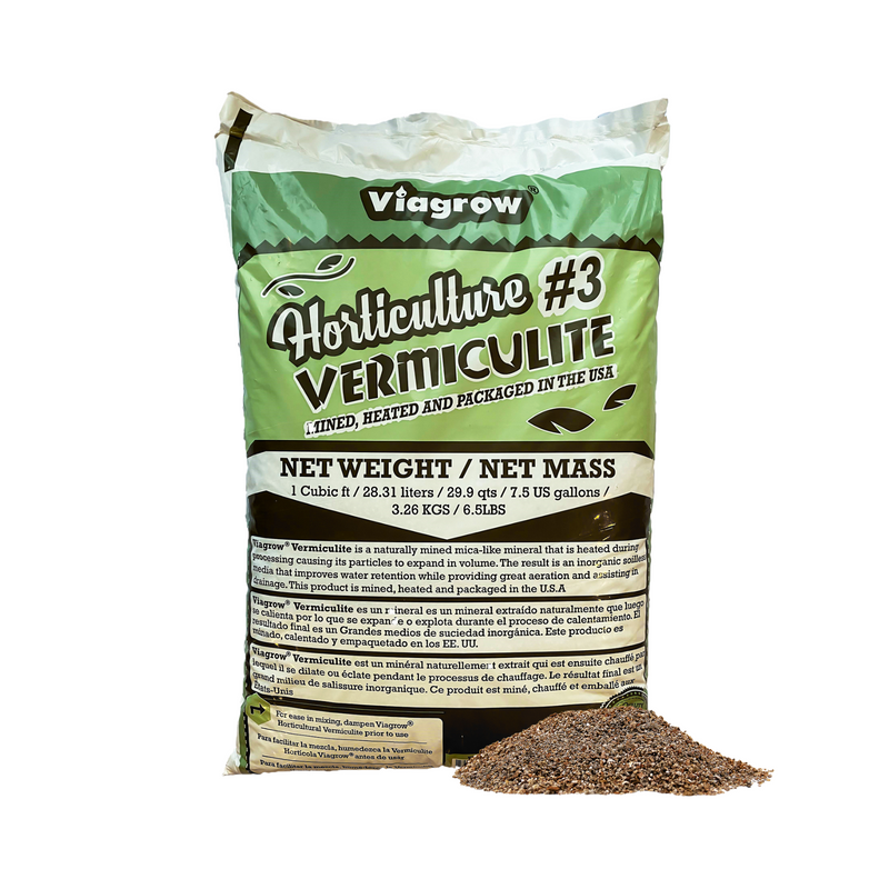 A package of Viagrow Horticultural Vermiculite #3 with a net weight of 1 cubic foot. The product is beige in color and visible at the bottom of the package, with the brand and product details printed on the label.
