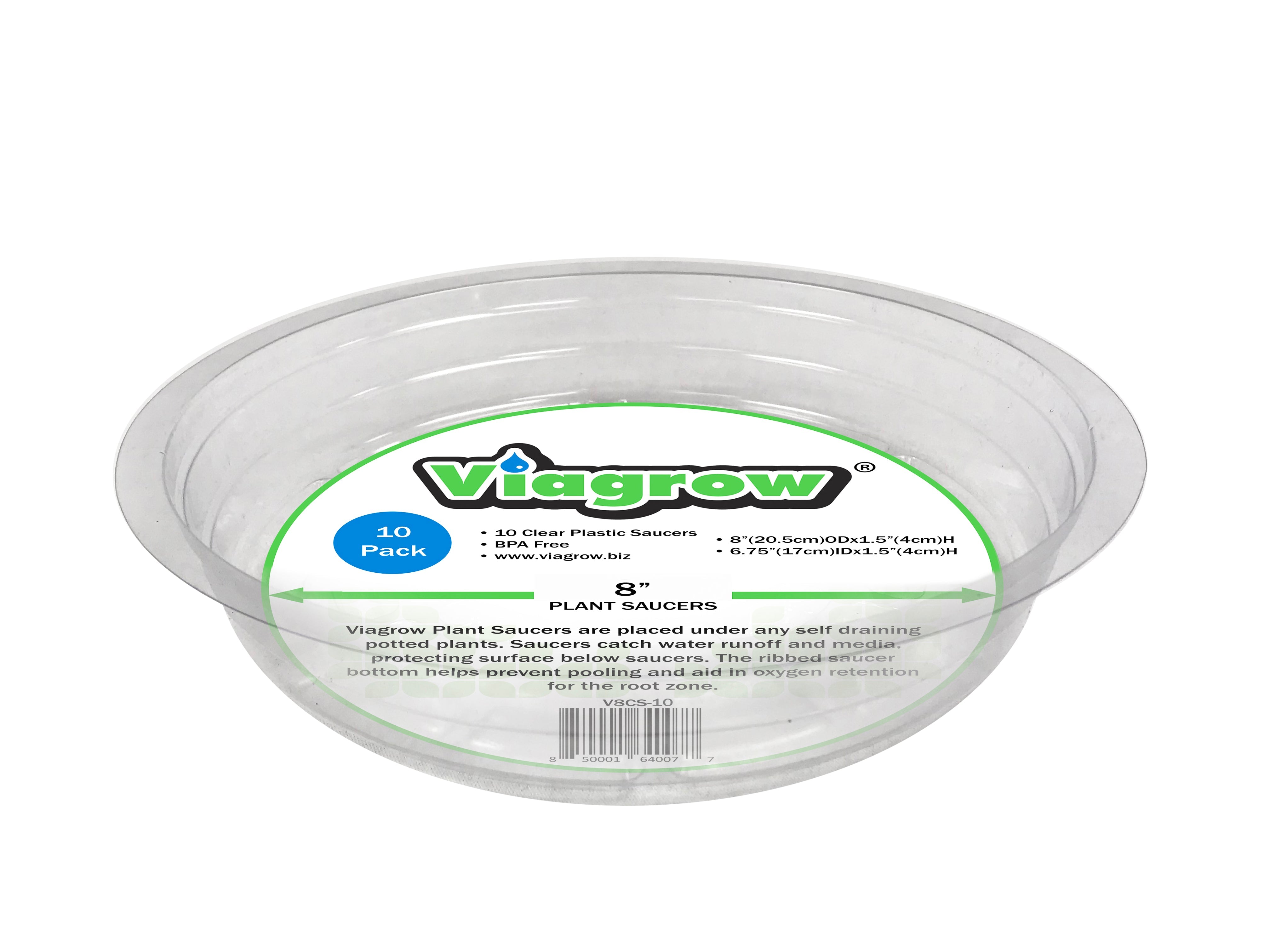 A clear plastic plant saucer with the Viagrow brand label, designed to sit under plant pots to catch water runoff and prevent staining.