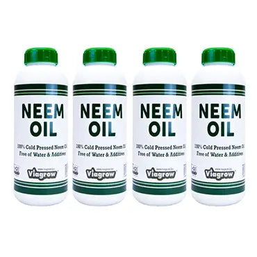 Two bottles of Viagrow brand 100% cold pressed neem oil, with labels indicating the product is free of water and additives.