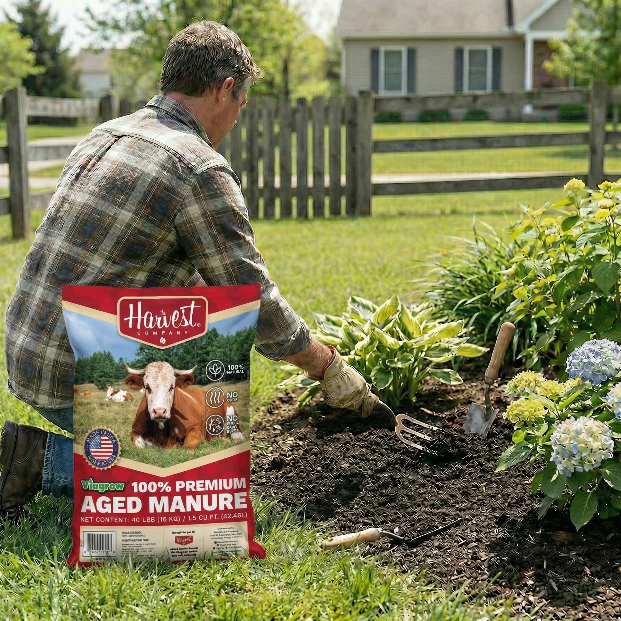 Man in garden with a bag of Harvest Compost manure