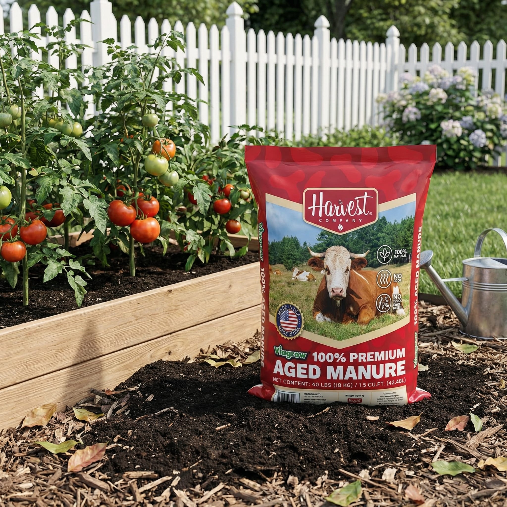 Bag of Harvest Composts aged manure in a garden setting with tomatoes and a white picket fence.