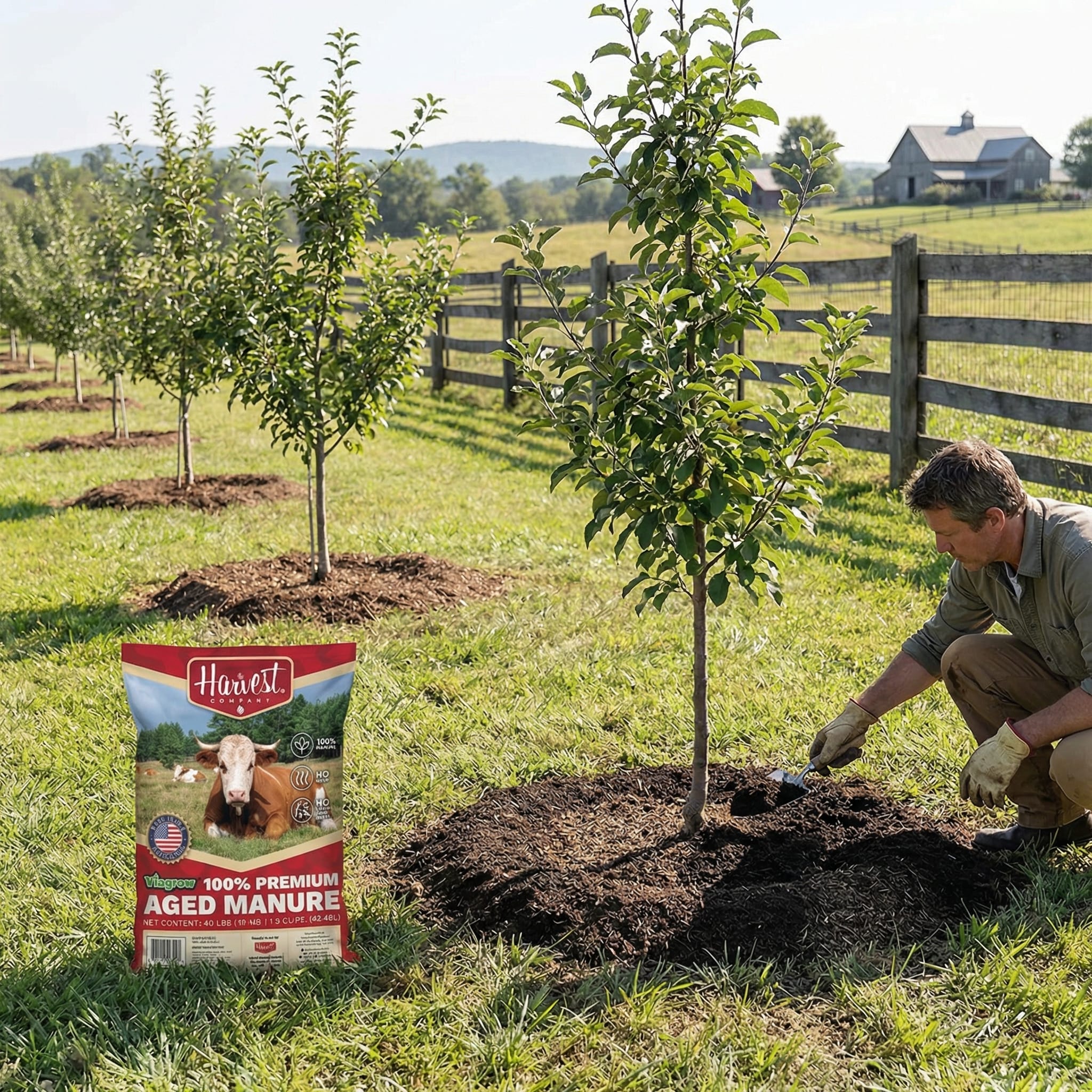 Person planting a tree with a bag of Harvest Manure in the foreground, set against a scenic background with trees and a house.