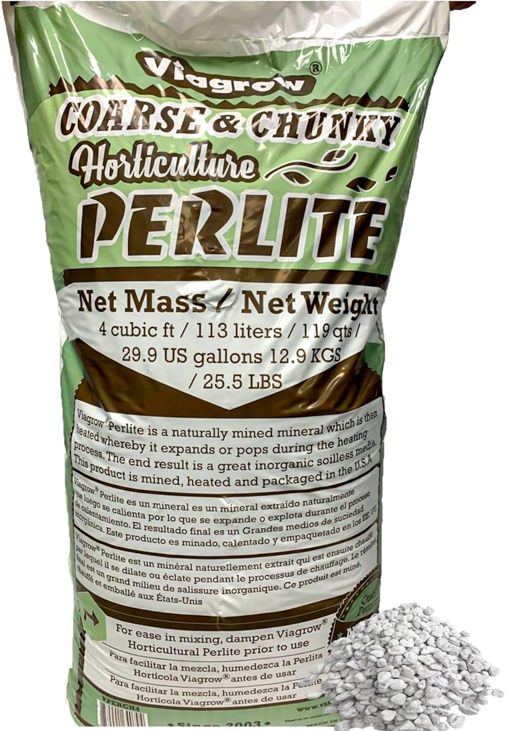 A bag of Viagrow coarse and chunky grade horticultural perlite in white color, designed for improving drainage and aeration in soil and soilless growing media.