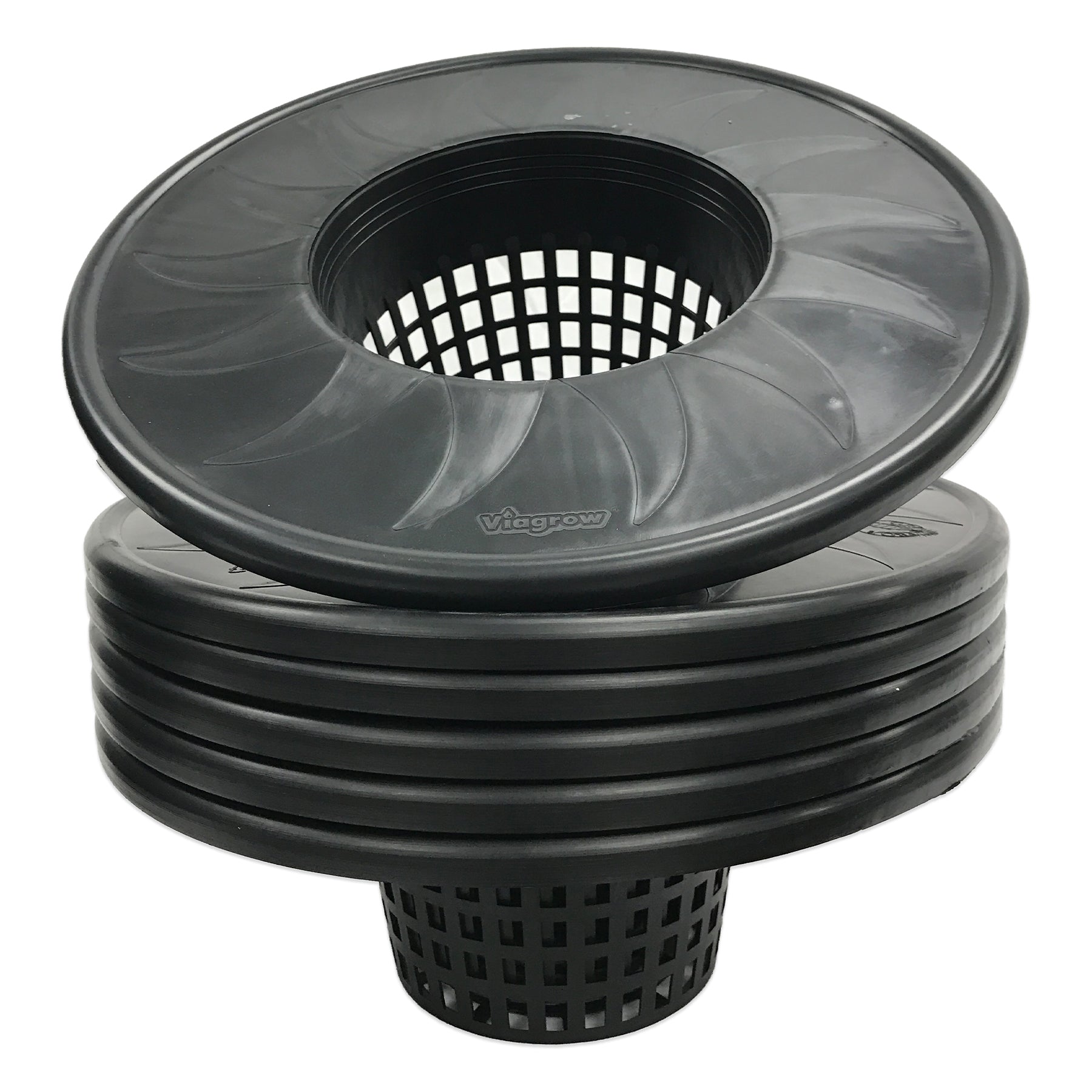 A black mesh pot bucket lid insert with a 6-inch net cup, designed for hydroponic applications, displayed on a white background.