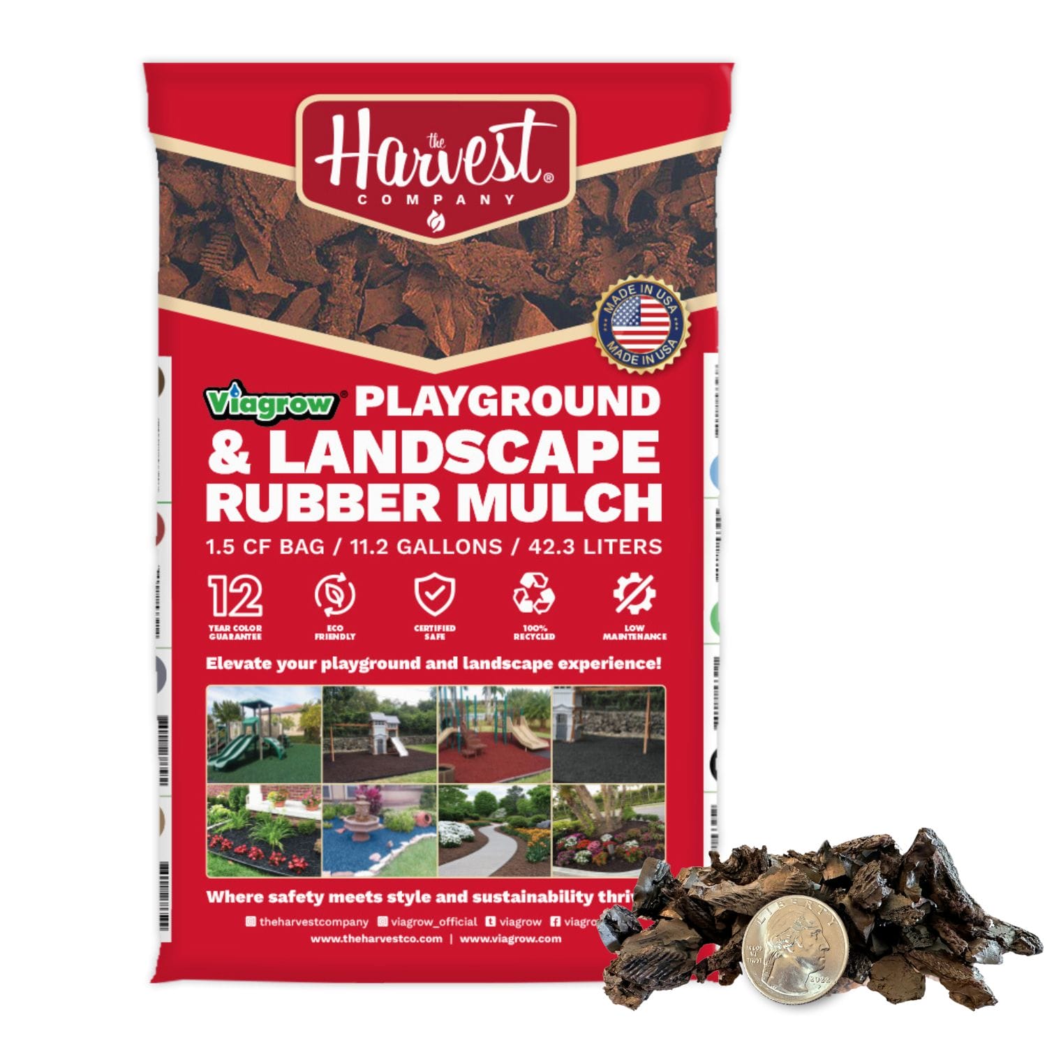 Bag of playground and landscape rubber mulch with Harvest Company branding on a white background
