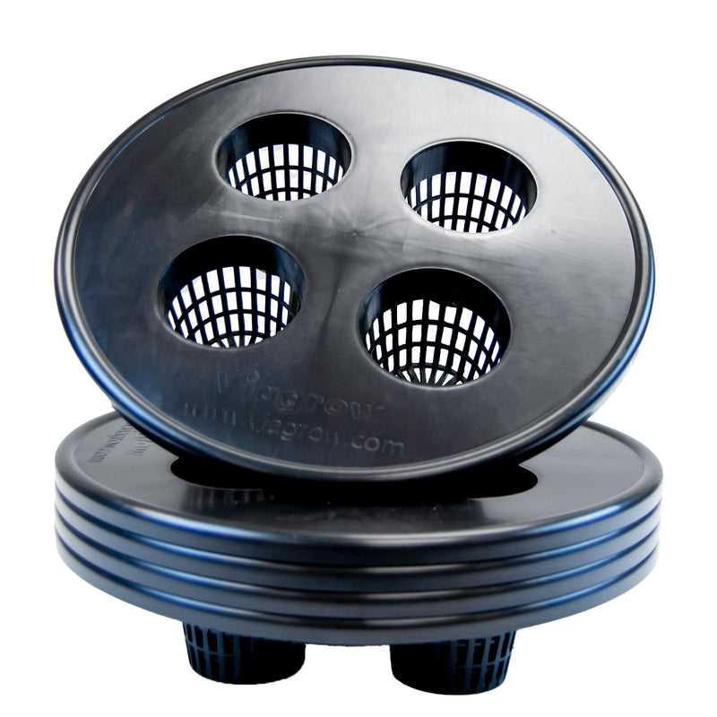 A black opaque plastic bucket lid with four circular black net pots designed for hydroponic applications, displayed against a white background.
