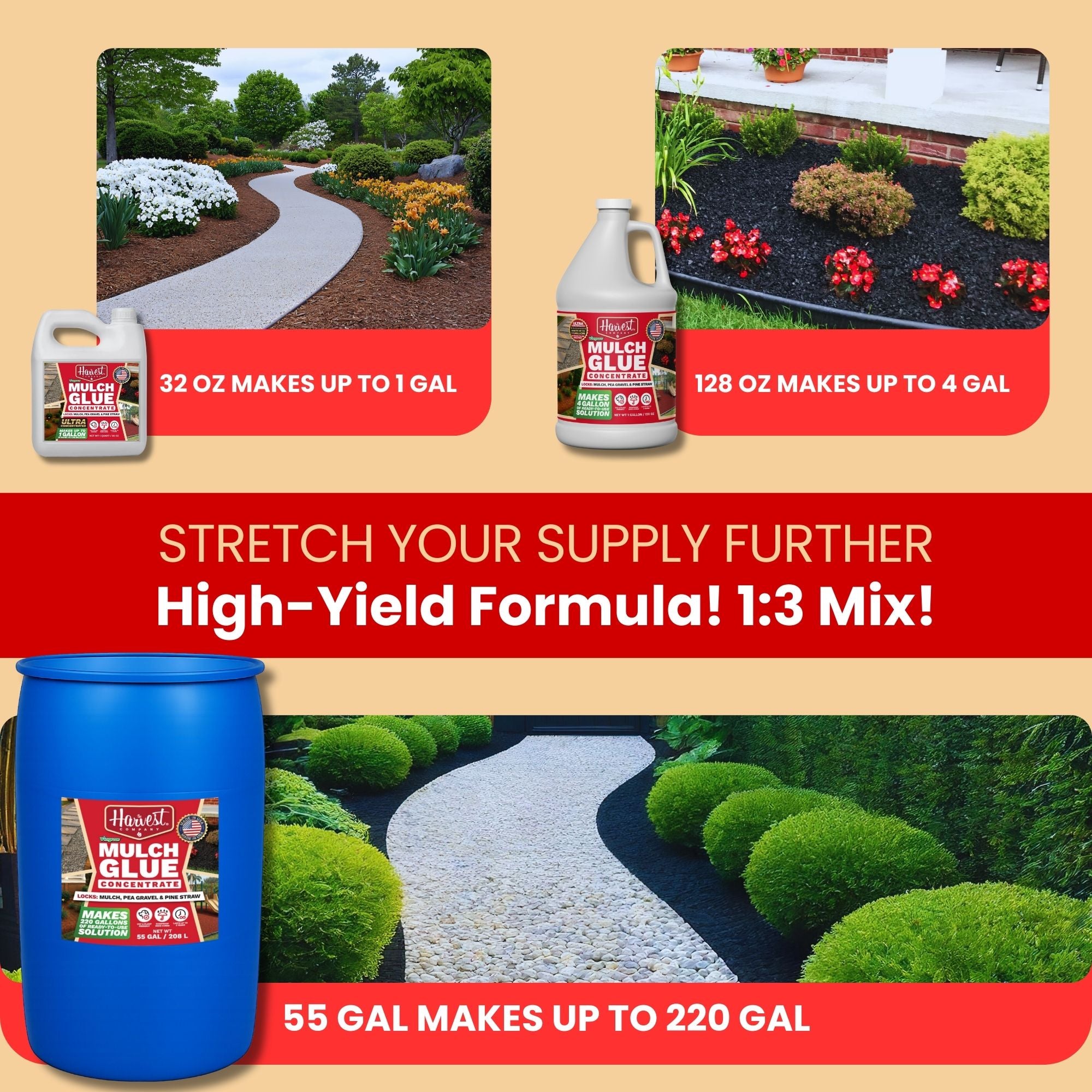 Garden product packaging with application examples and promotional text on a beige background