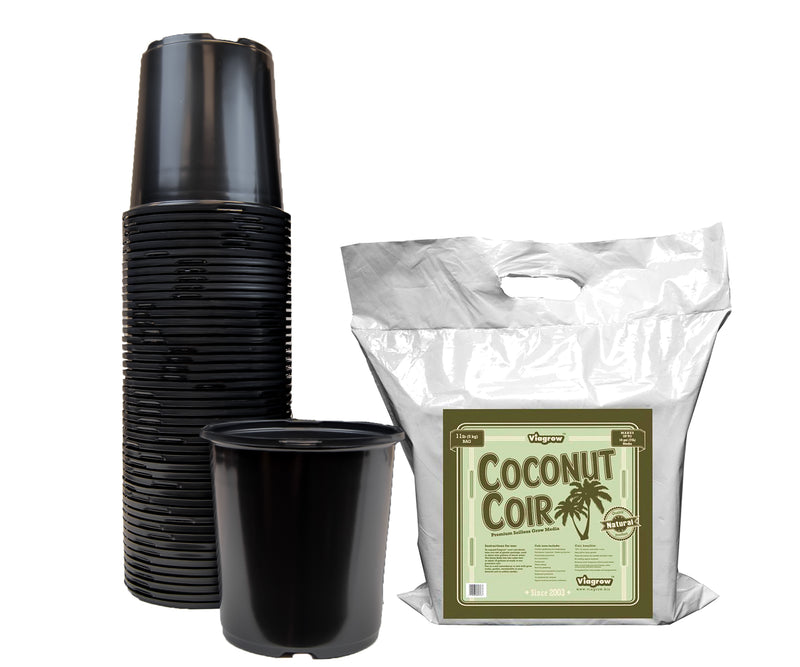 A set of black HDPE plastic nursery pots and a bag of Viagrow coconut coir brick, designed for gardening.