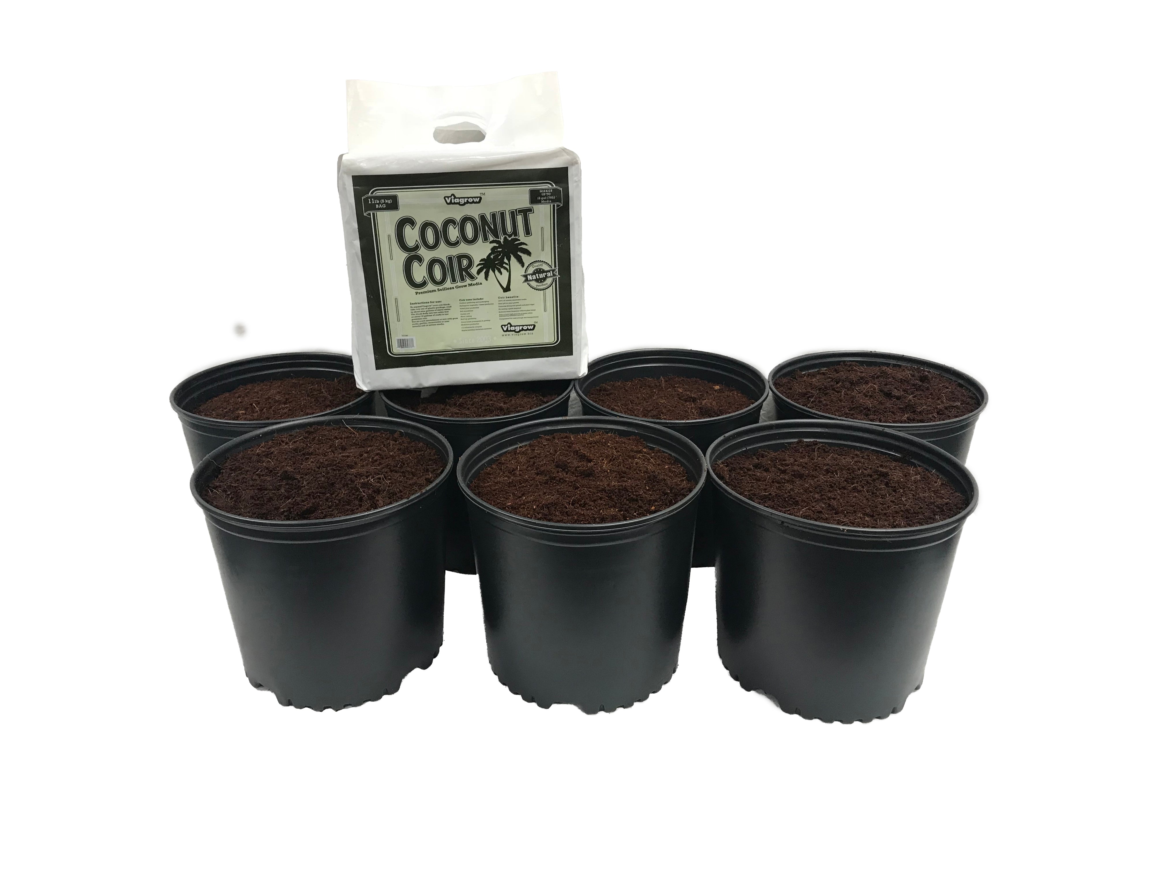 A set of black HDPE plastic nursery pots and a bag of Viagrow coconut coir brick, designed for gardening.