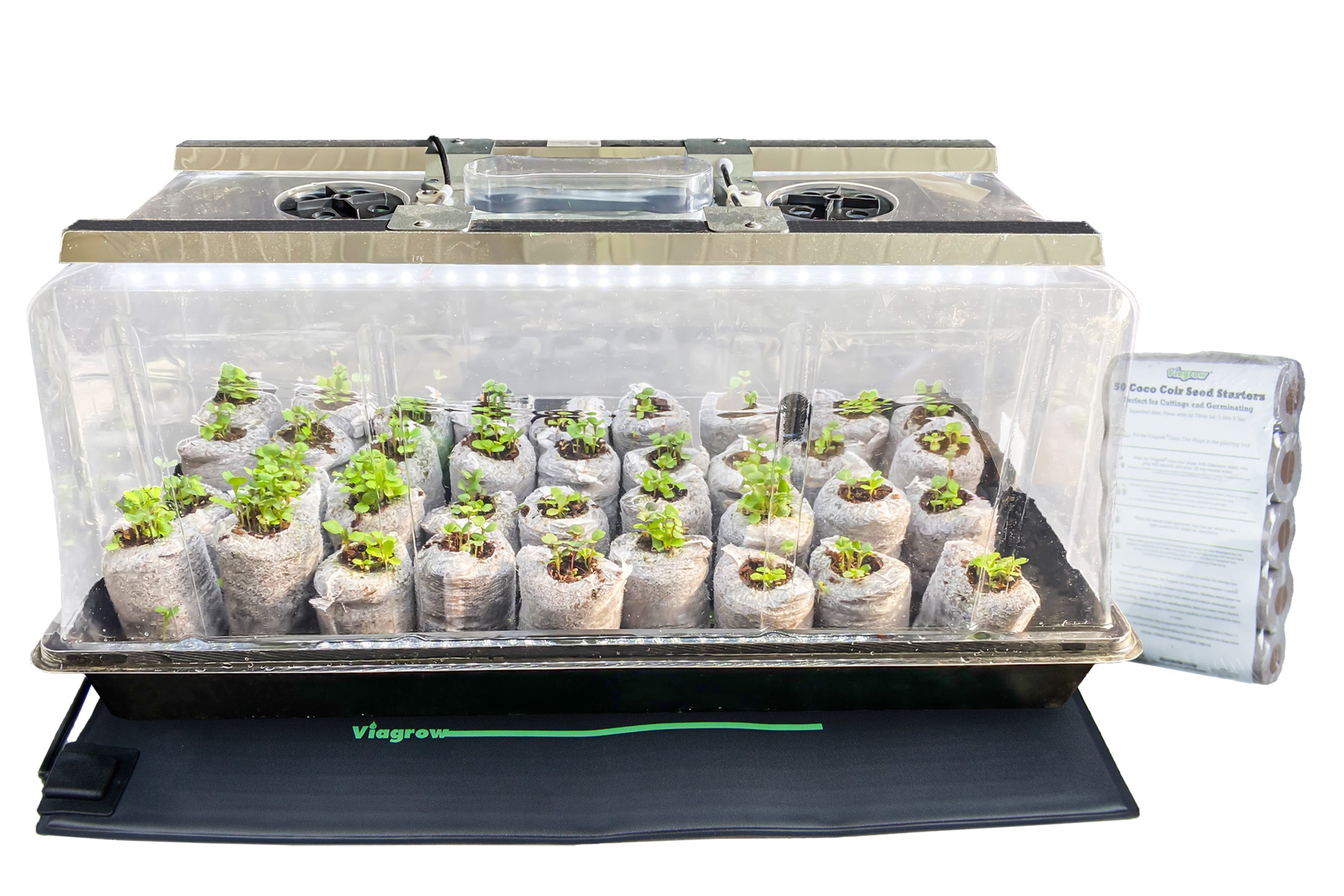 Viagrow seedling station deluxe kit with LED grow light, propagation dome, seedling trays, and a heat mat, displayed on a white background.