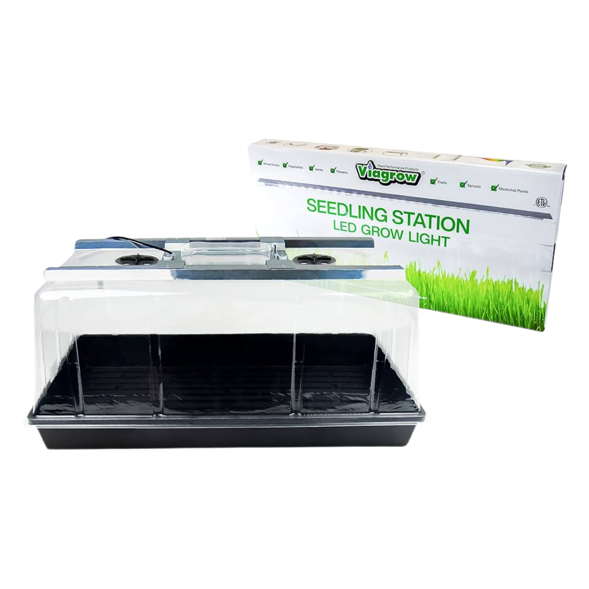 Viagrow seedling station kit with LED grow light and a clear propagation dome on top of a propagation tray, displayed alongside its packaging box.