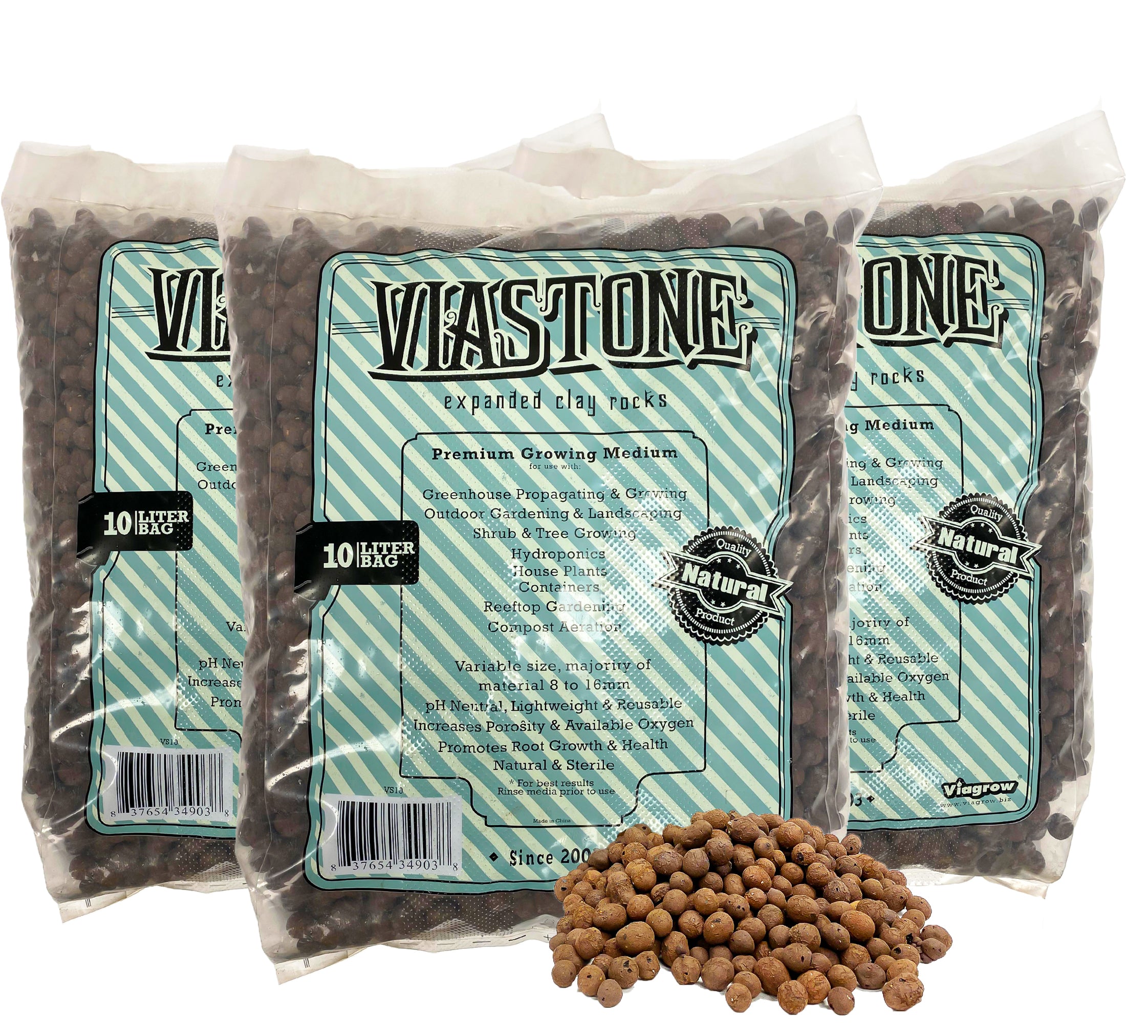 Multiple packages of Viastone expanded clay rocks, with the product visible in the foreground.