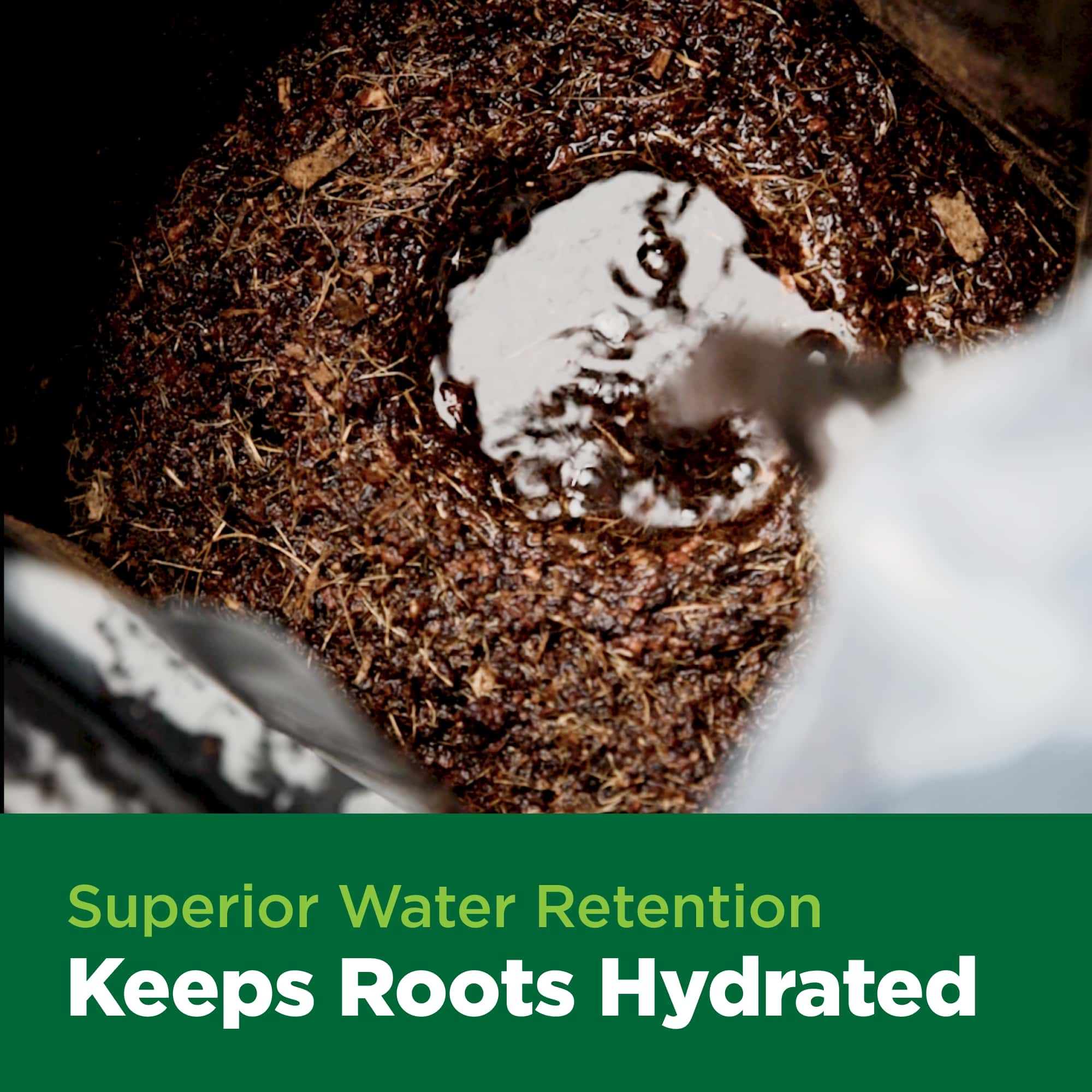 Coconut fiber product with text 'Superior Water Retention Keeps Roots Hydrated' on a green banner.