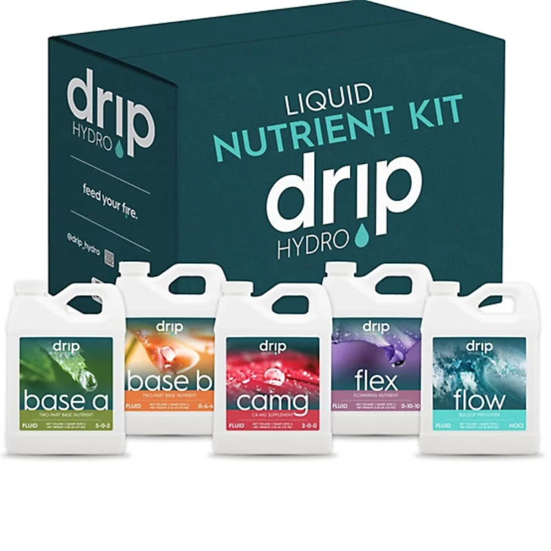 Drip Hydro 5-Part Hydroponic Nutrient System for Plant Growth and Flowering, Includes Base A, Base B, CaMg, Flex and Flow