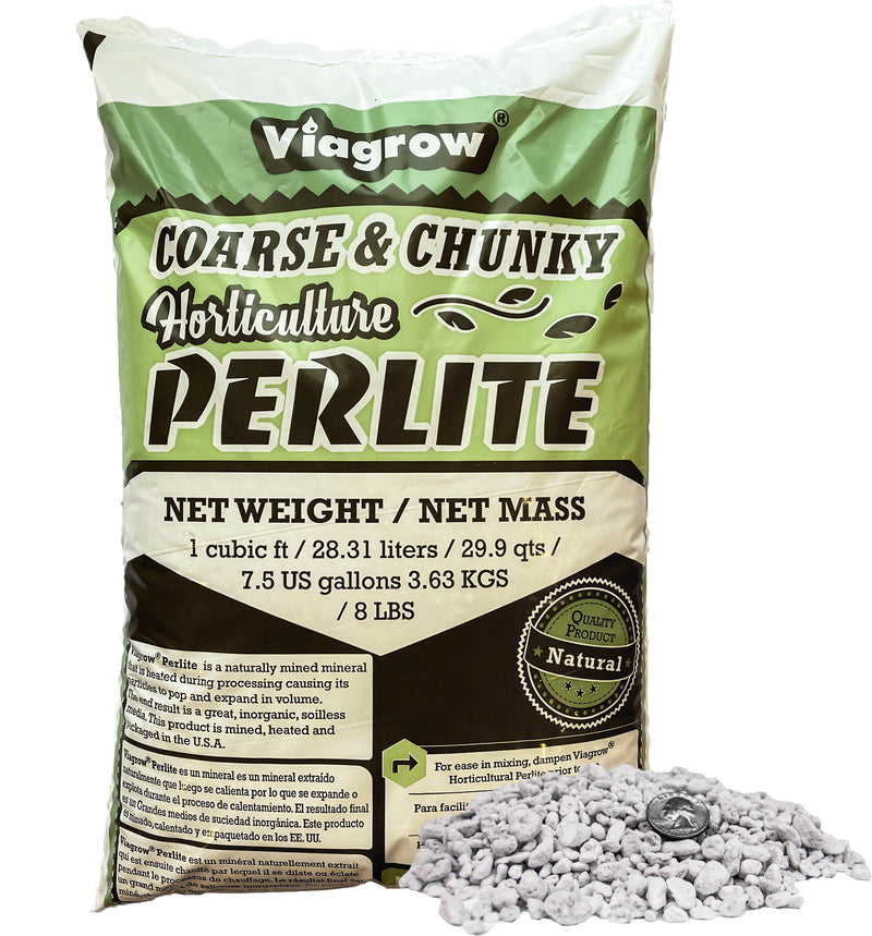 A bag of Viagrow coarse and chunky horticultural perlite, showing the bag with a green label and the perlite itself in white and gray tones.