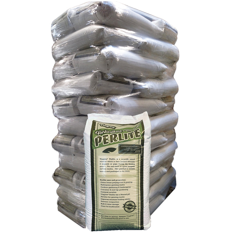 A stack of gray bags of Viagrow Horticultural grade perlite, with the label showing product information.