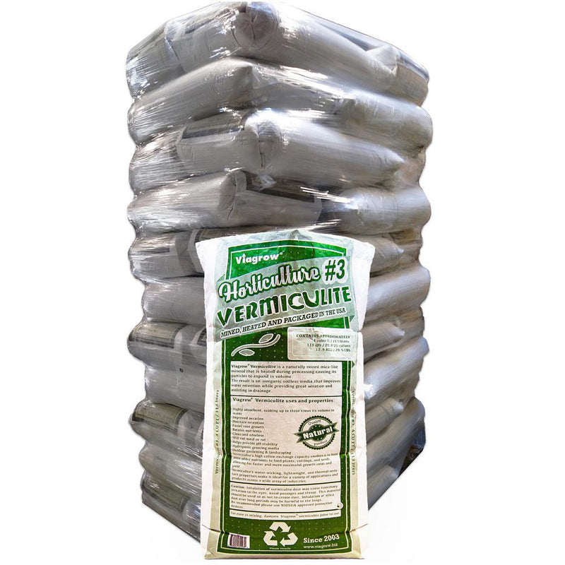 A stack of white bags labeled Viagrow Vermiculite, with one bag in front displaying product details.